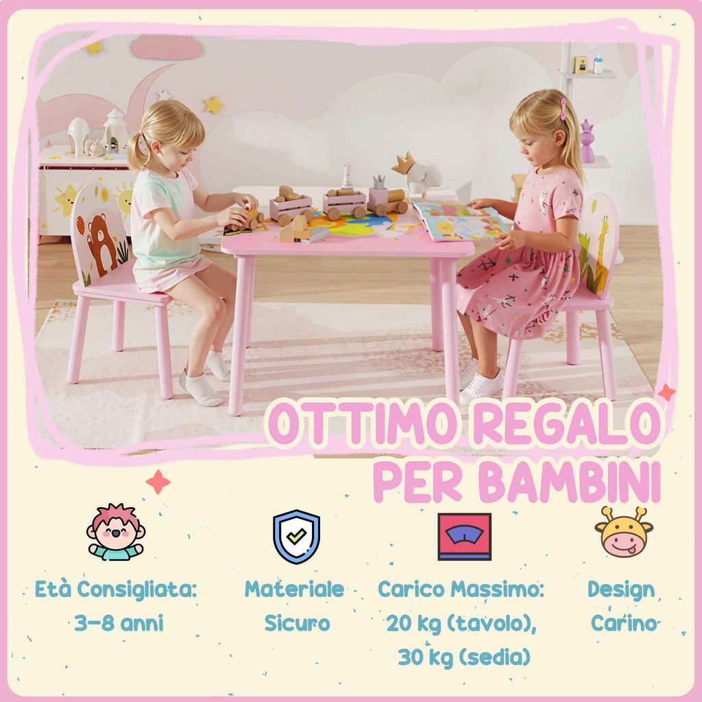 AIYAPLAY Children's Table and Chair Set for 3-8 Years Old with Animal Patterns and Rounded Edges, in MDF and Pink Pine Wood