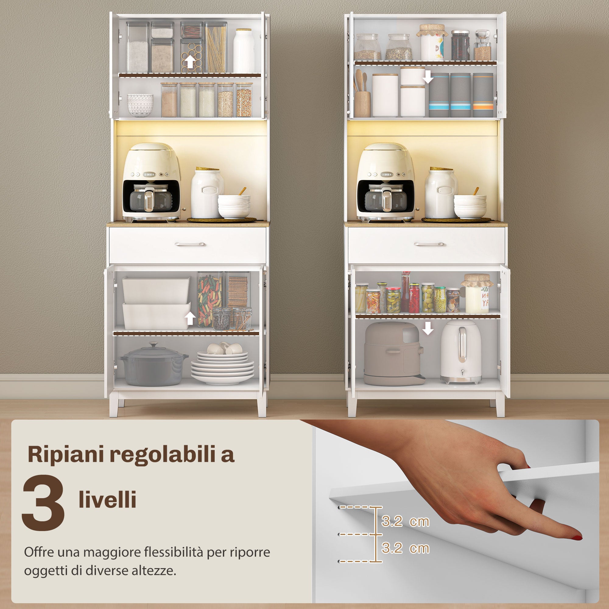 Modern Sideboard with LED Lights, Power Sockets and USB Ports, 2 Cabinets and Drawer, 71x40x180 cm, White