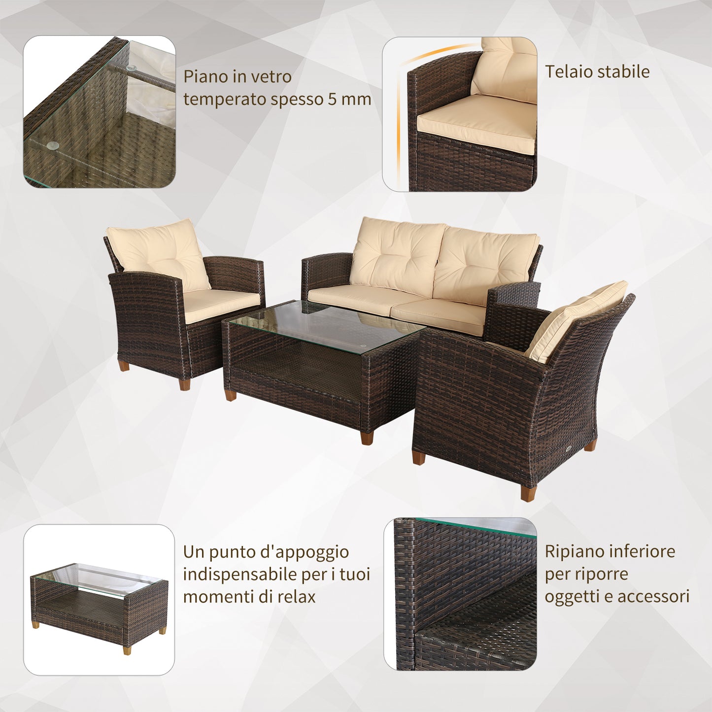 NARCO | 4 Piece PE Rattan Garden Furniture Set and Coffee Table, Upholstered Sofa and Armchairs Brown and Beige 124x68x76cm