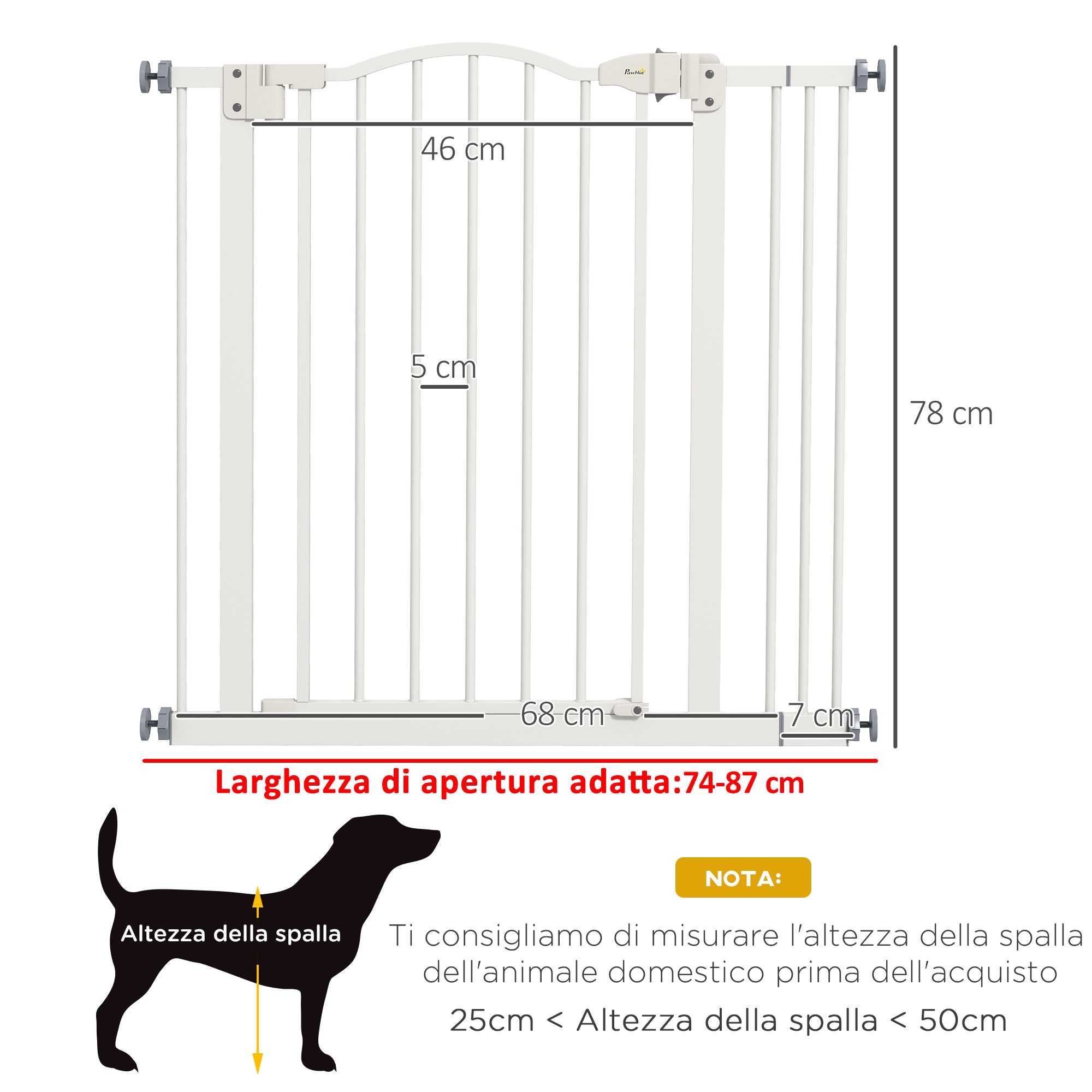 Extendable Dog Gate with 2 Locks and Self-Locking, Metal and Plastic, 74-87x78 cm, White