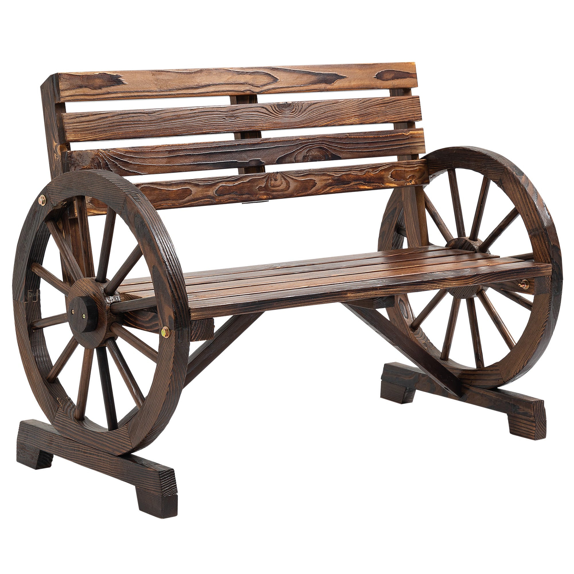 Outsunny 2-Seater Garden Bench with Slatted Frame and Wagon Wheel Armrests, Wooden, 105.5x56x79 cm, Burnt Brown
