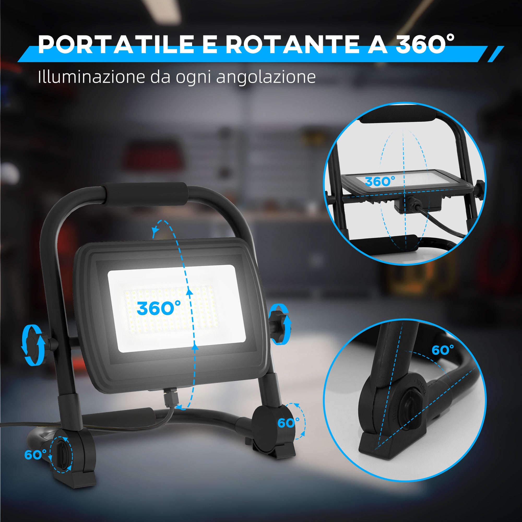 6500k LED Work Spotlight with Swivel Head and Support, in Aluminum and Metal, 25.5x16x25.5 cm, Black