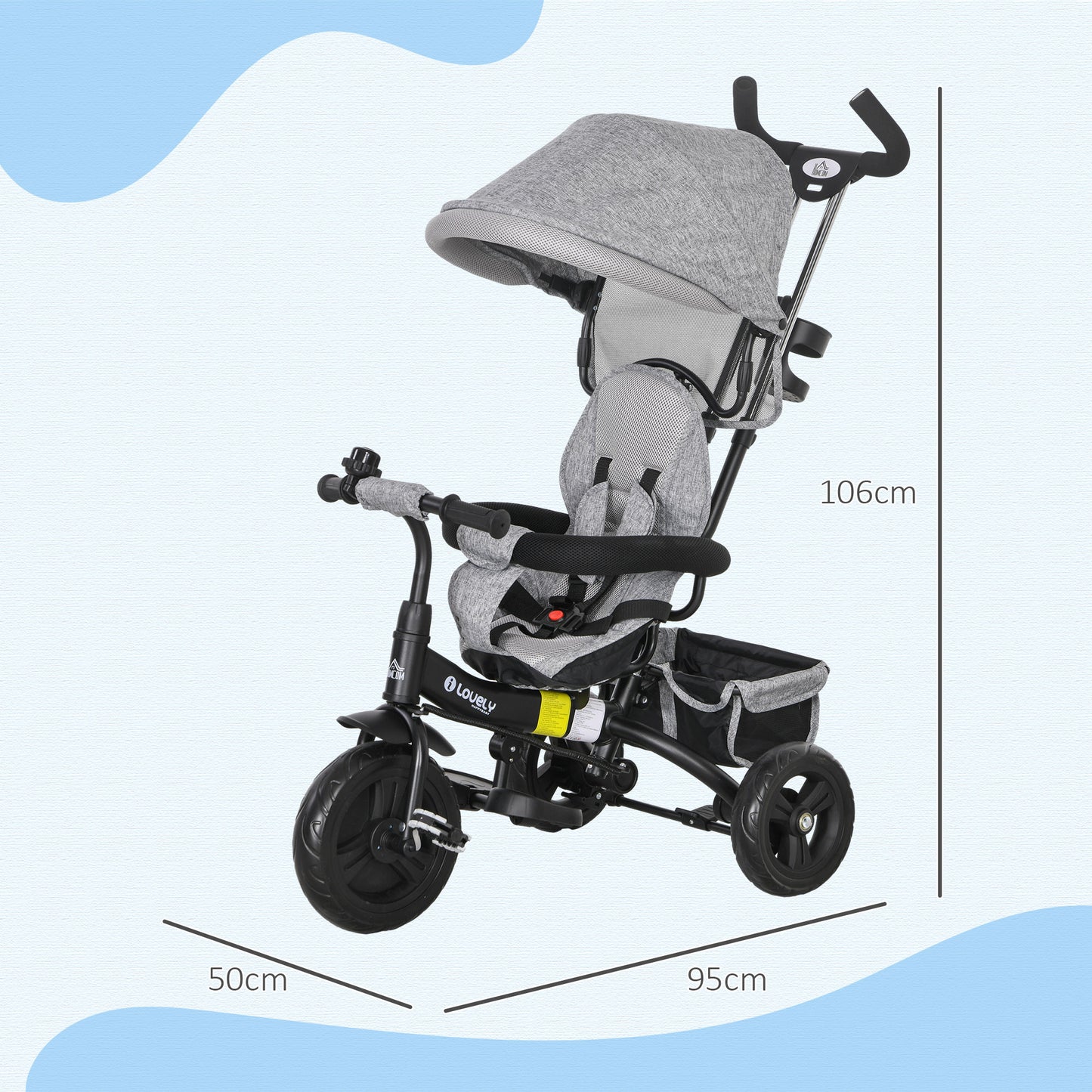 Kids Tricycle with 6 in 1 Handlebar, Adjustable Canopy and Safety Belt, Age 1-5 Years, Grey