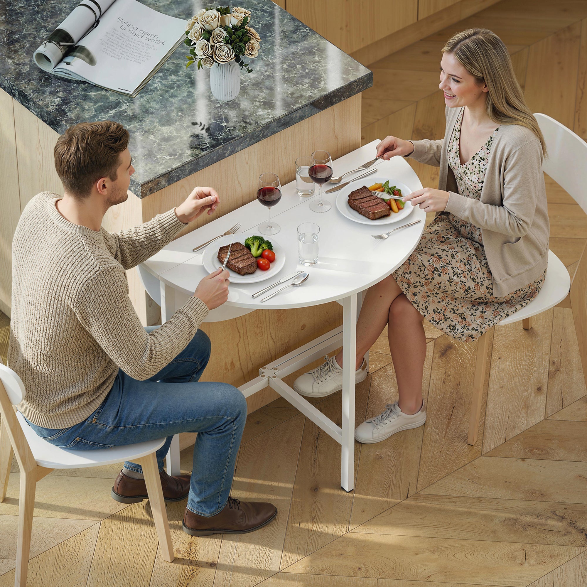 HOMCOM Folding Dining Table, Space-Saving Extendable Table, White