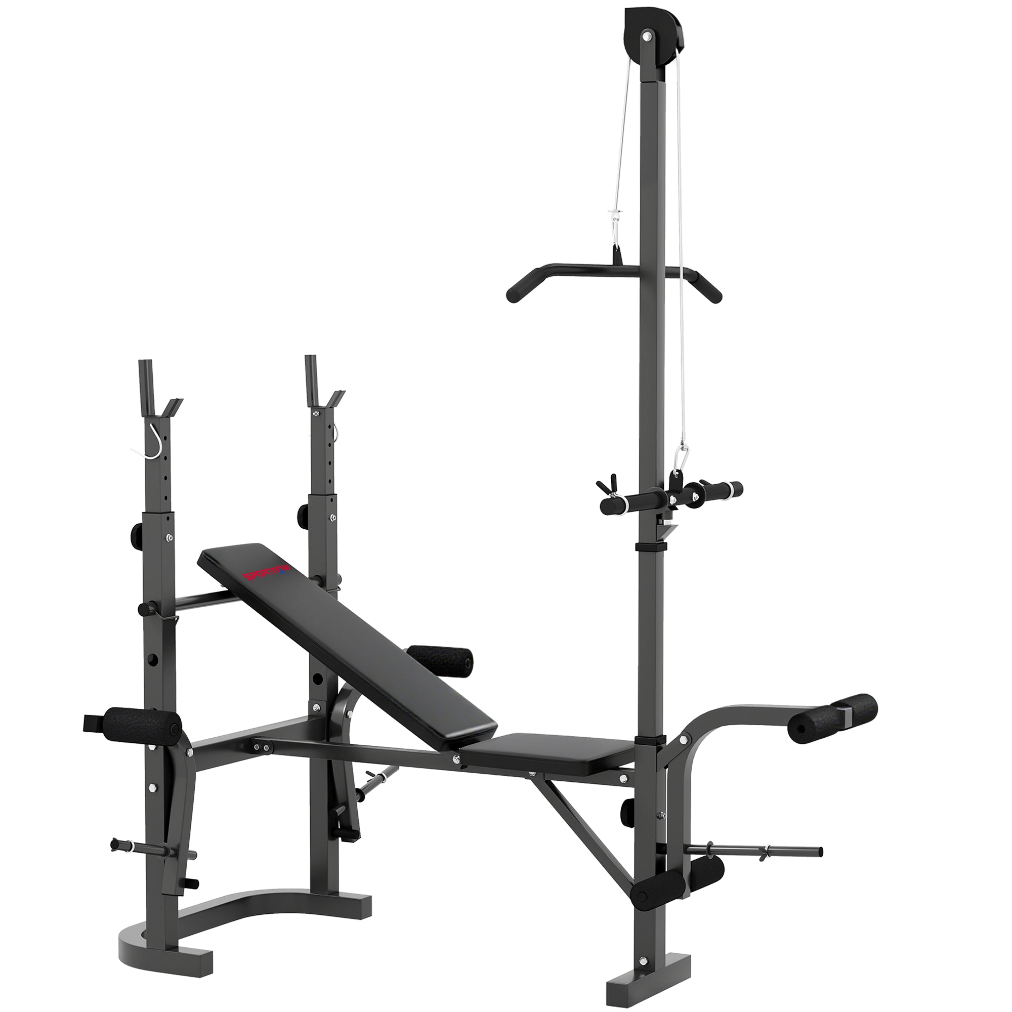 SPORTNOW Adjustable Multifunction Gym Bench with Barbell Rack with Leg Extension, Low Row, Arm Curl, Black