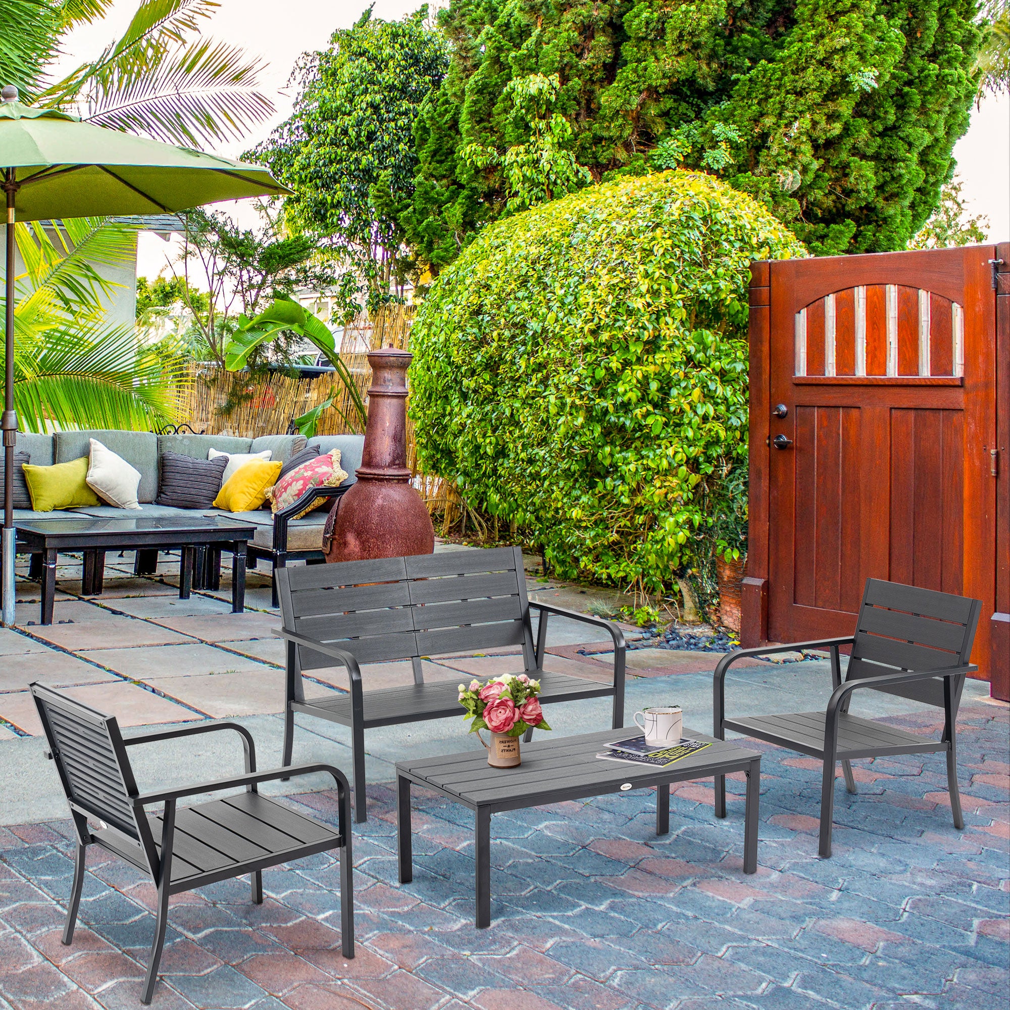 4-Piece Garden Lounge Set with 2-Seater Bench, 2 Armchairs and Coffee Table, Dark Grey