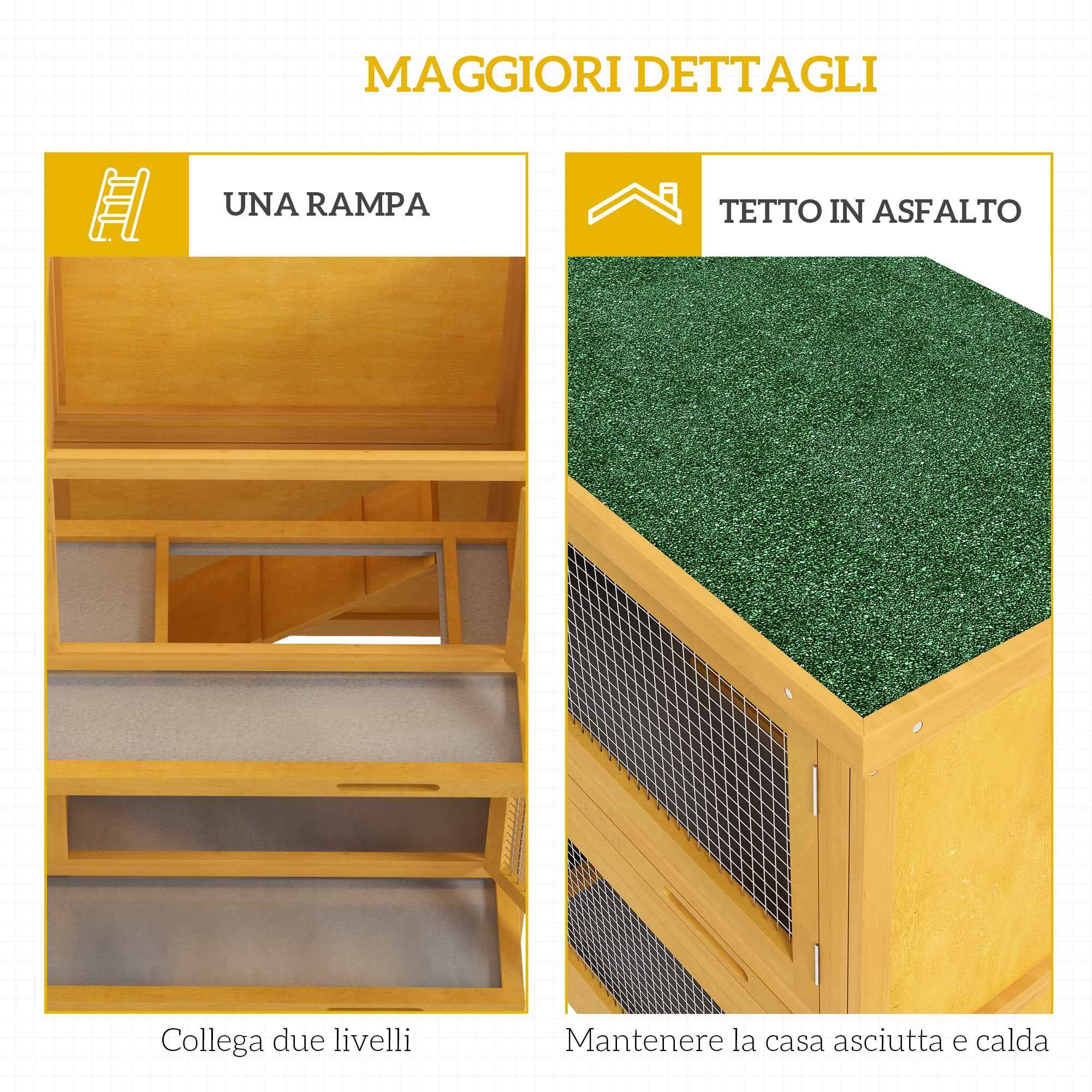 PawHut 2-Tier Rabbit Hutch in Fir Wood and Tar with Ramp, 2 Removable Trays, 4 Doors, 97x44x91 cm, Yellow