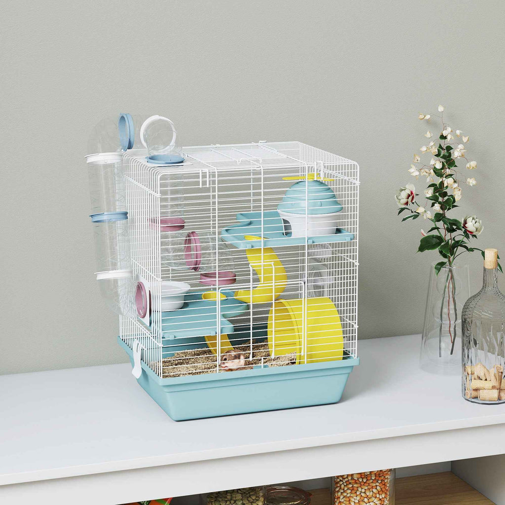 PawHut 3-Tier 12-Tube Hamster Cage with House, Ramp, and Accessories, Metal and Plastic, 34.5x27.5x41 cm, Grey