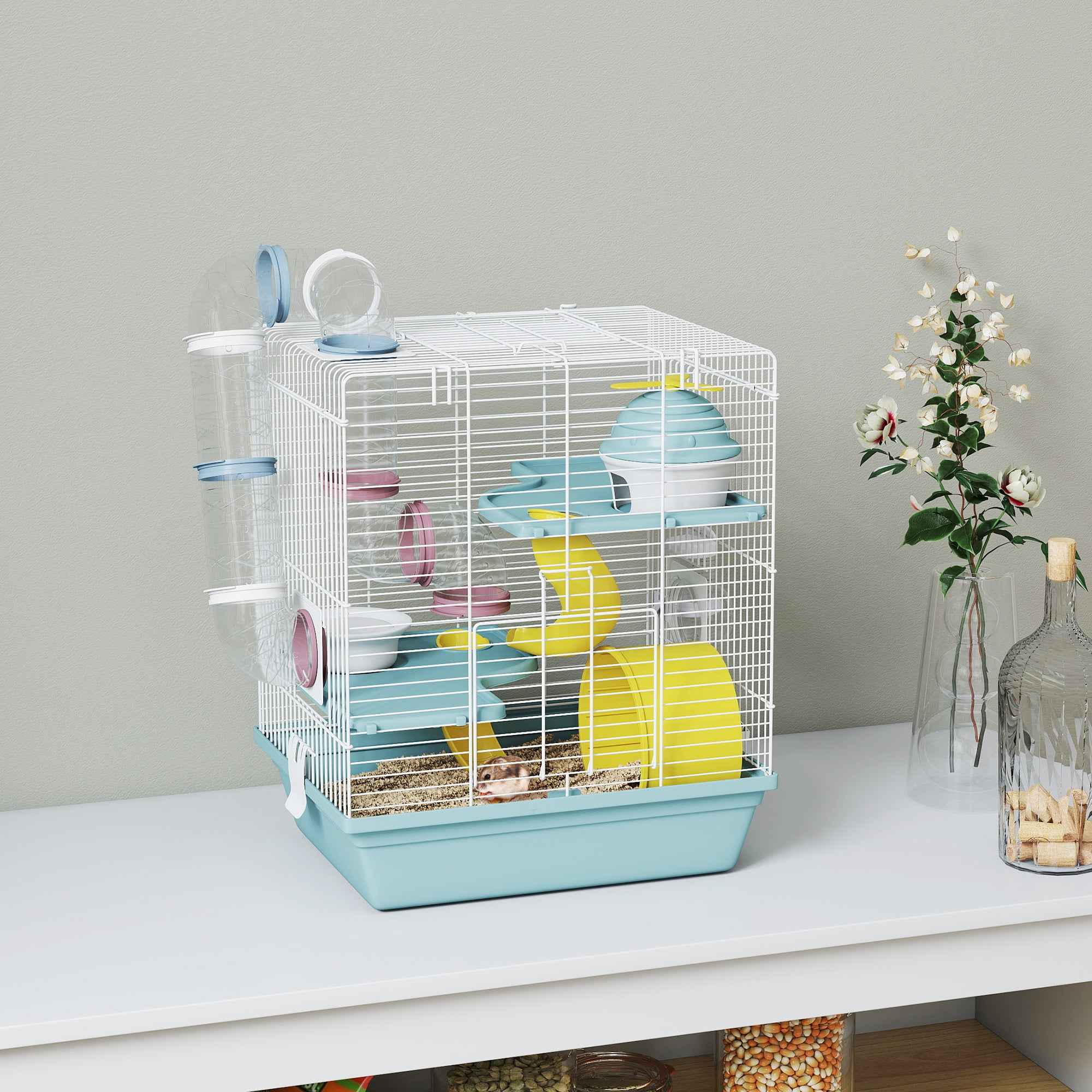 PawHut 3-Tier 12-Tube Hamster Cage with House, Ramp, and Accessories, Metal and Plastic, 34.5x27.5x41 cm, Grey