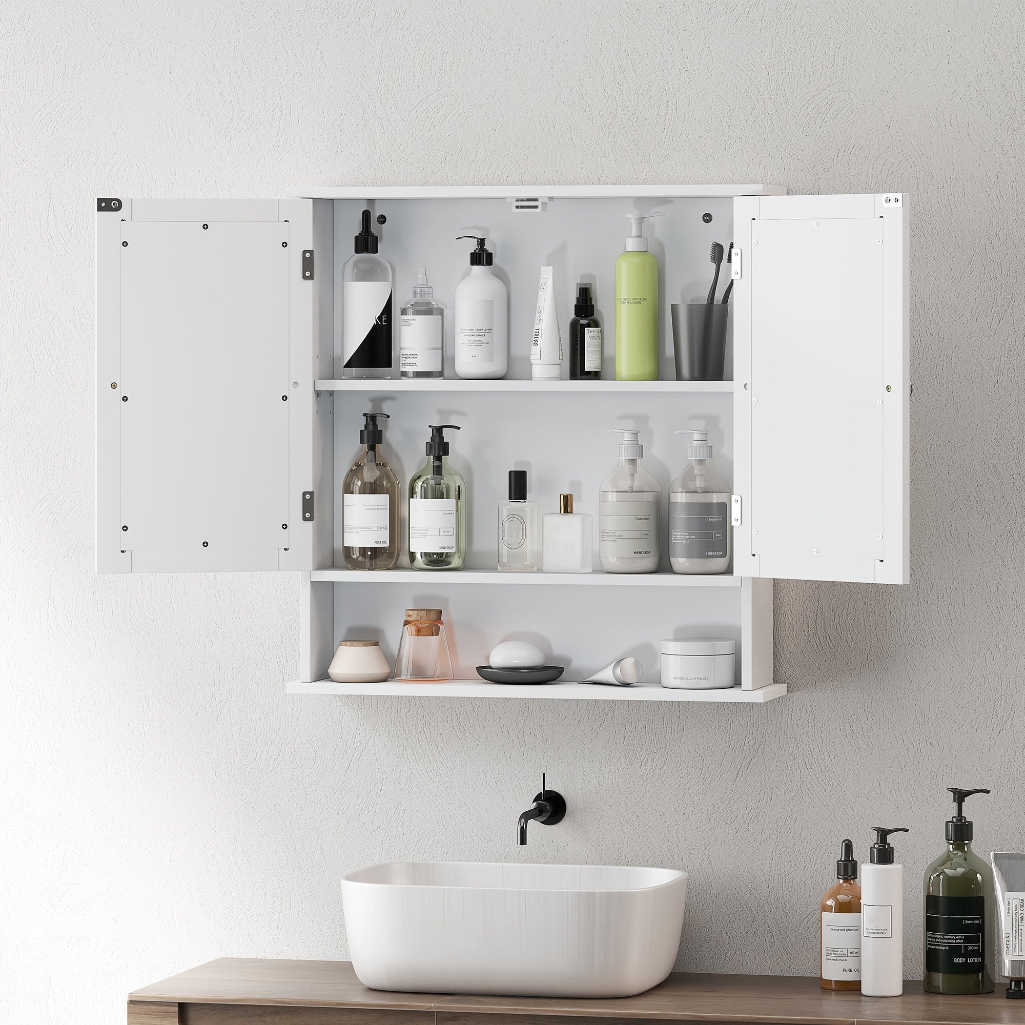 kleankin Wall-Mounted Bathroom Cabinet with 2 Mirrored Doors and Open Shelf, 56x13x58 cm, White