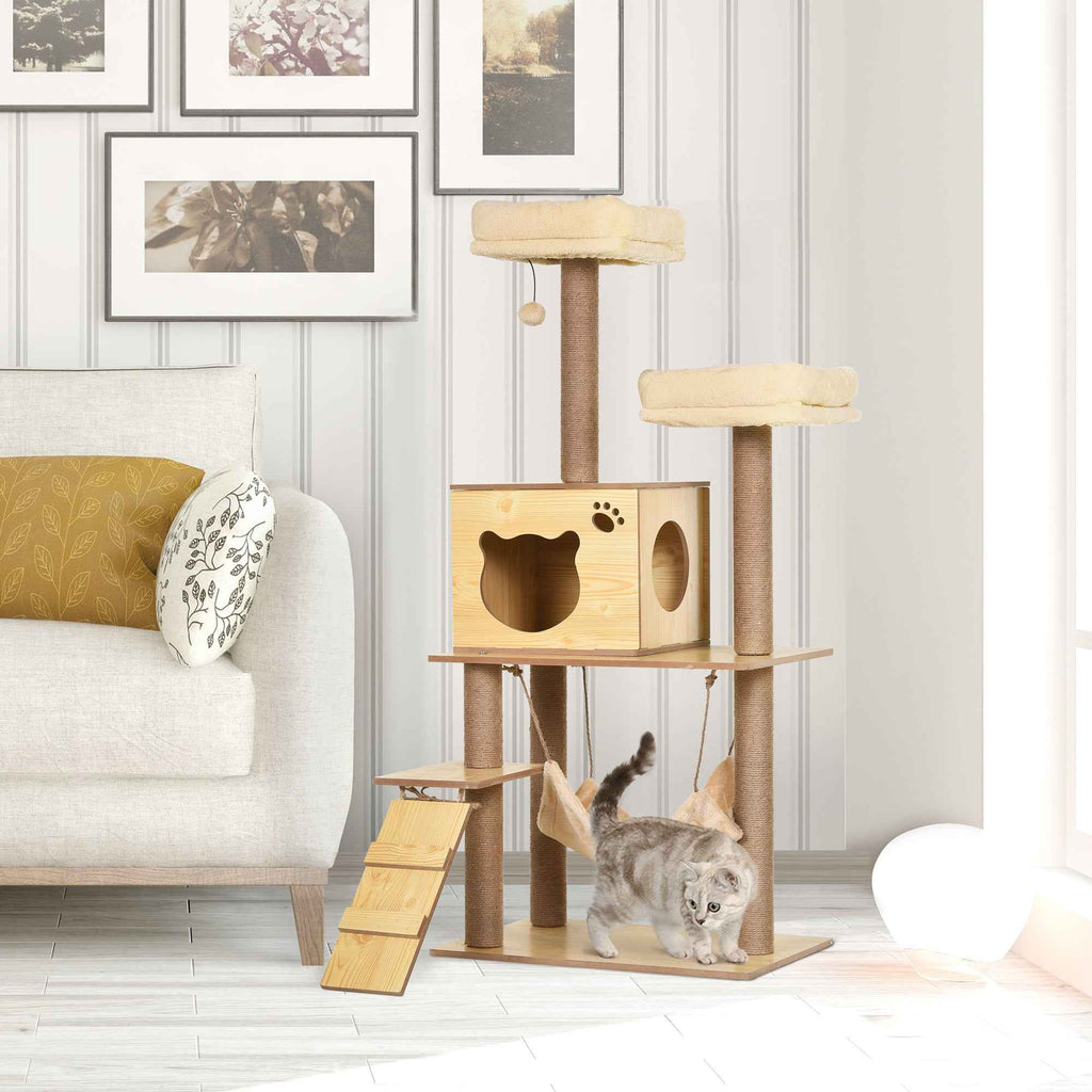 PawHut Cat Scratching Tree with House, 2 Beds, Hammock and Ball, Made of Wood, Polyester and Sisal, 60x40x130 cm