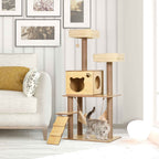 PawHut Cat Scratching Tree with House, 2 Beds, Hammock and Ball, Made of Wood, Polyester and Sisal, 60x40x130 cm