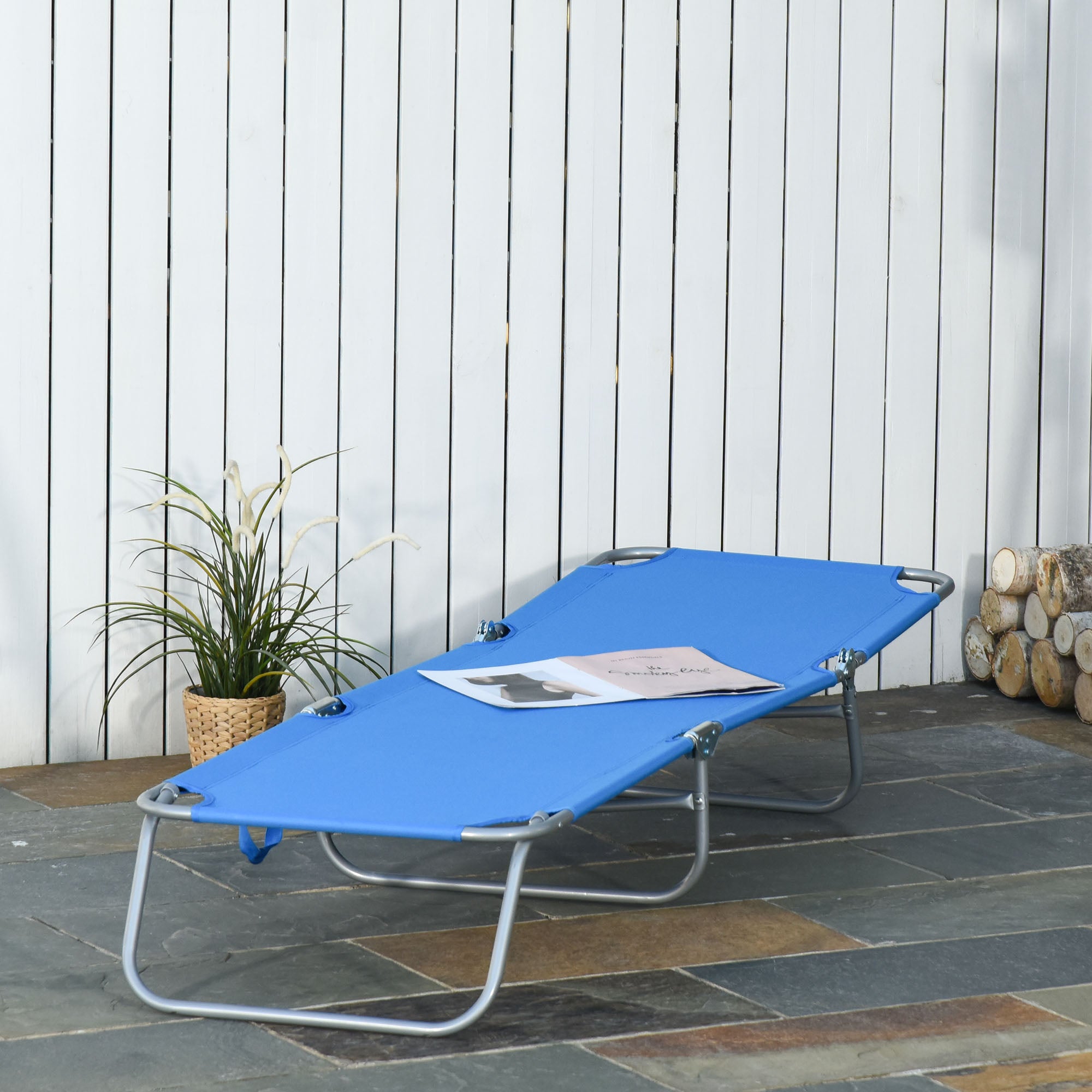 Outsunny Garden Lounger with 5-Position Adjustable Backrest, Folding Metal and Oxford Fabric Lounger, 187x55x24cm, Blue