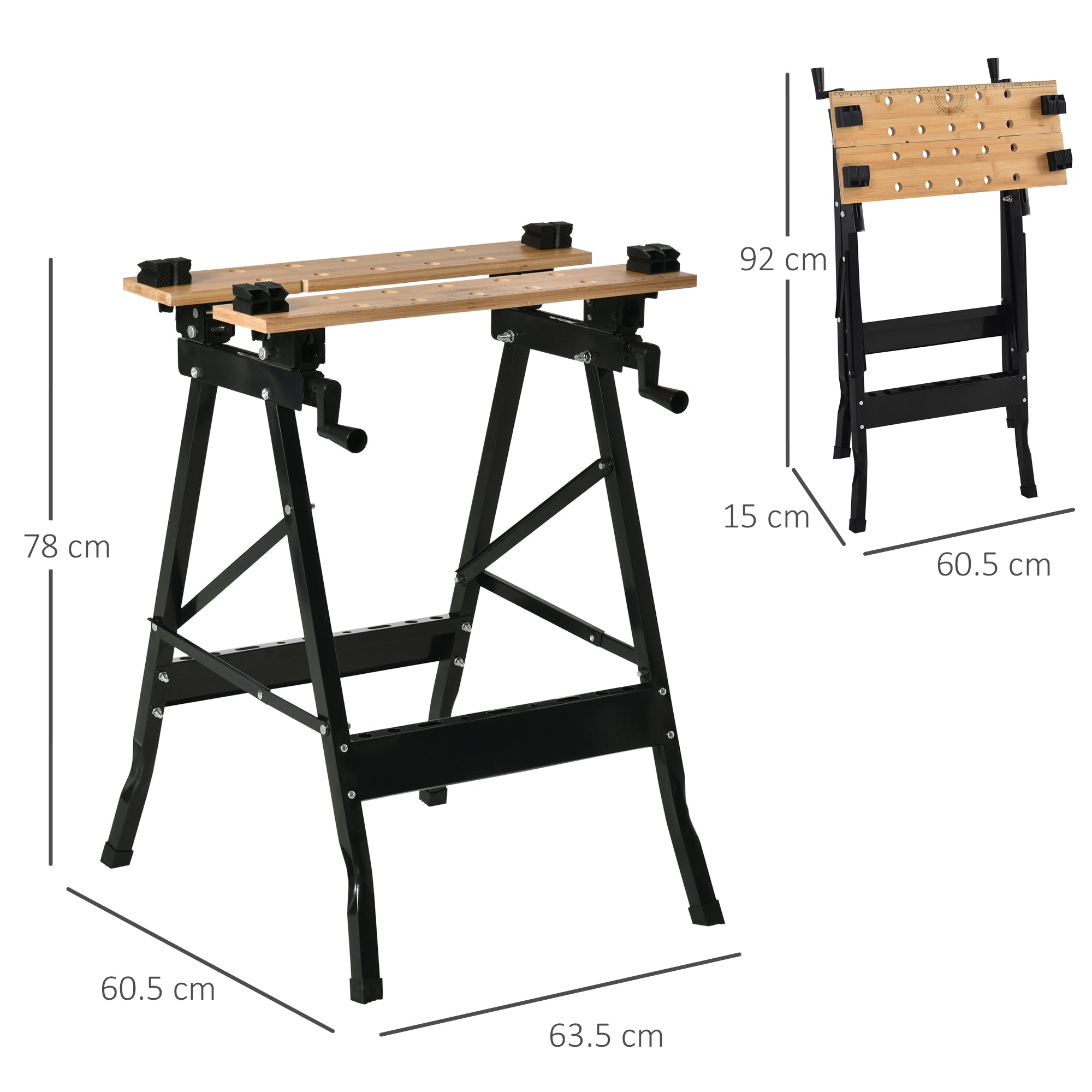 Folding Workbench with 4 Vices, Ruler and Protractor, 150 kg Capacity, Black and Wood