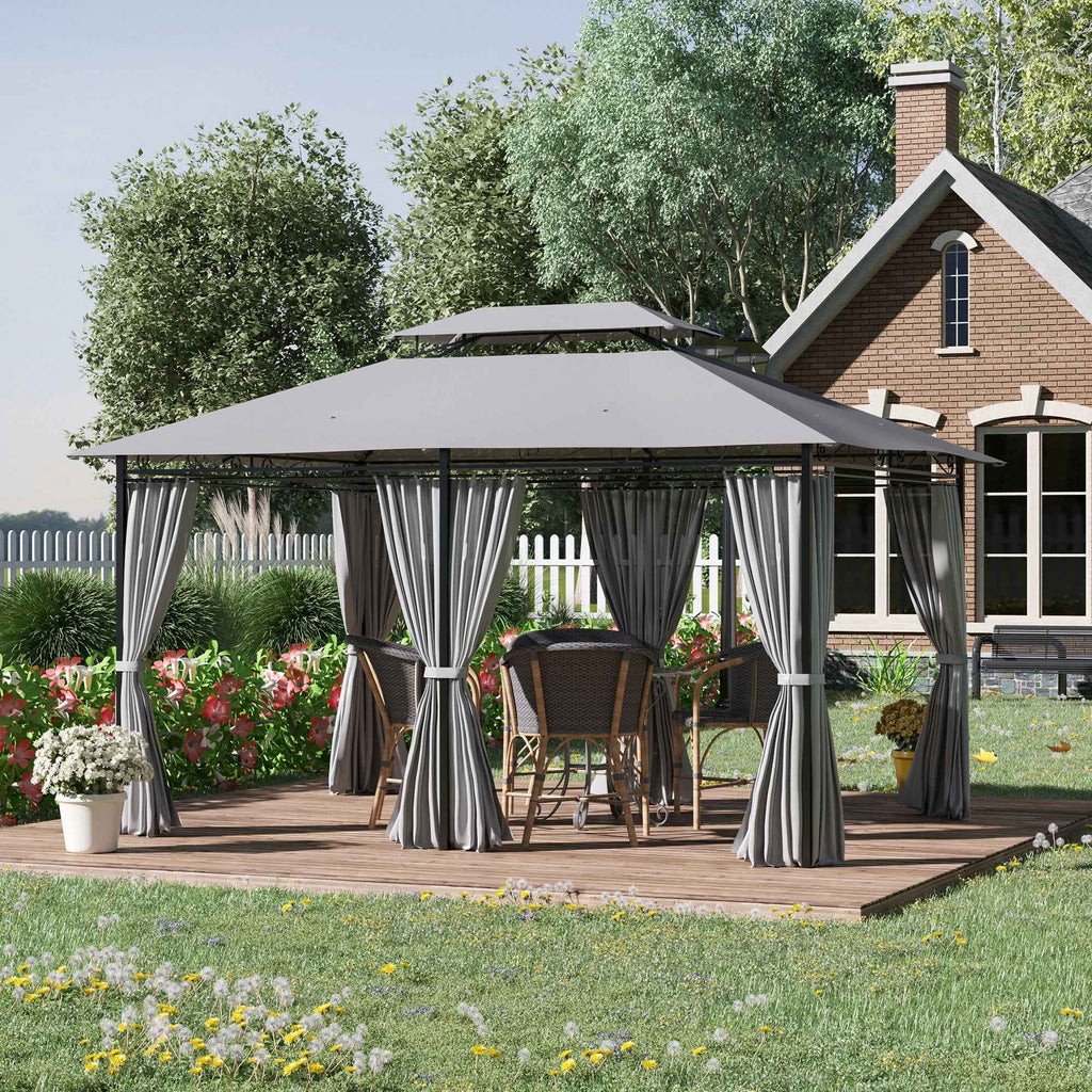 Outsunny Gazebo 4x3 m with 6 Curtains and 2-Tier Roof, in Steel and Polyester, Dark Grey