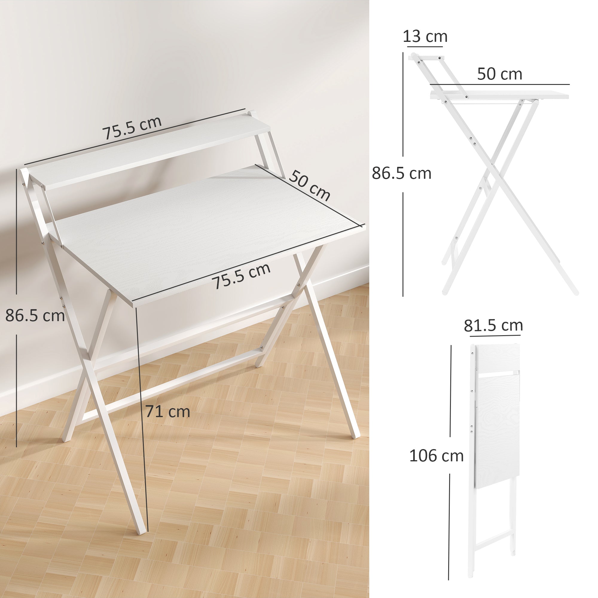 Folding Desk with Monitor Shelf, 81.5x62x86.5 cm, White