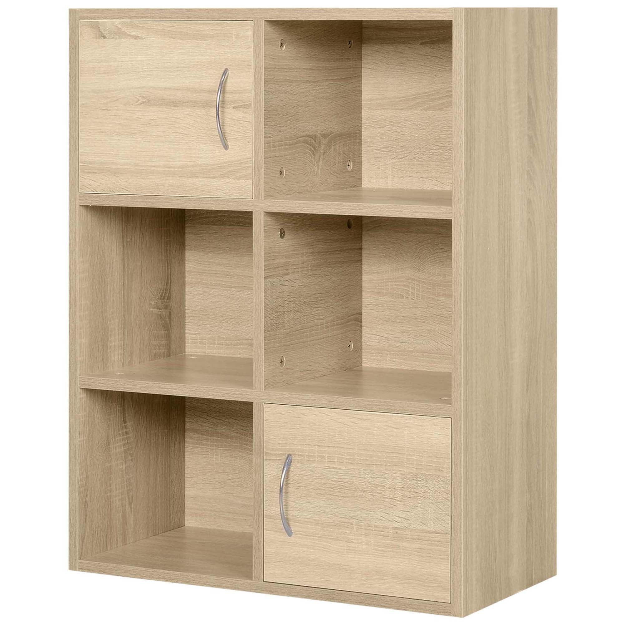 Wooden Bookcase, Multipurpose Cabinet with 3 Shelves, 4 Compartments and 2 Doors, 61.5x29.5x80cm