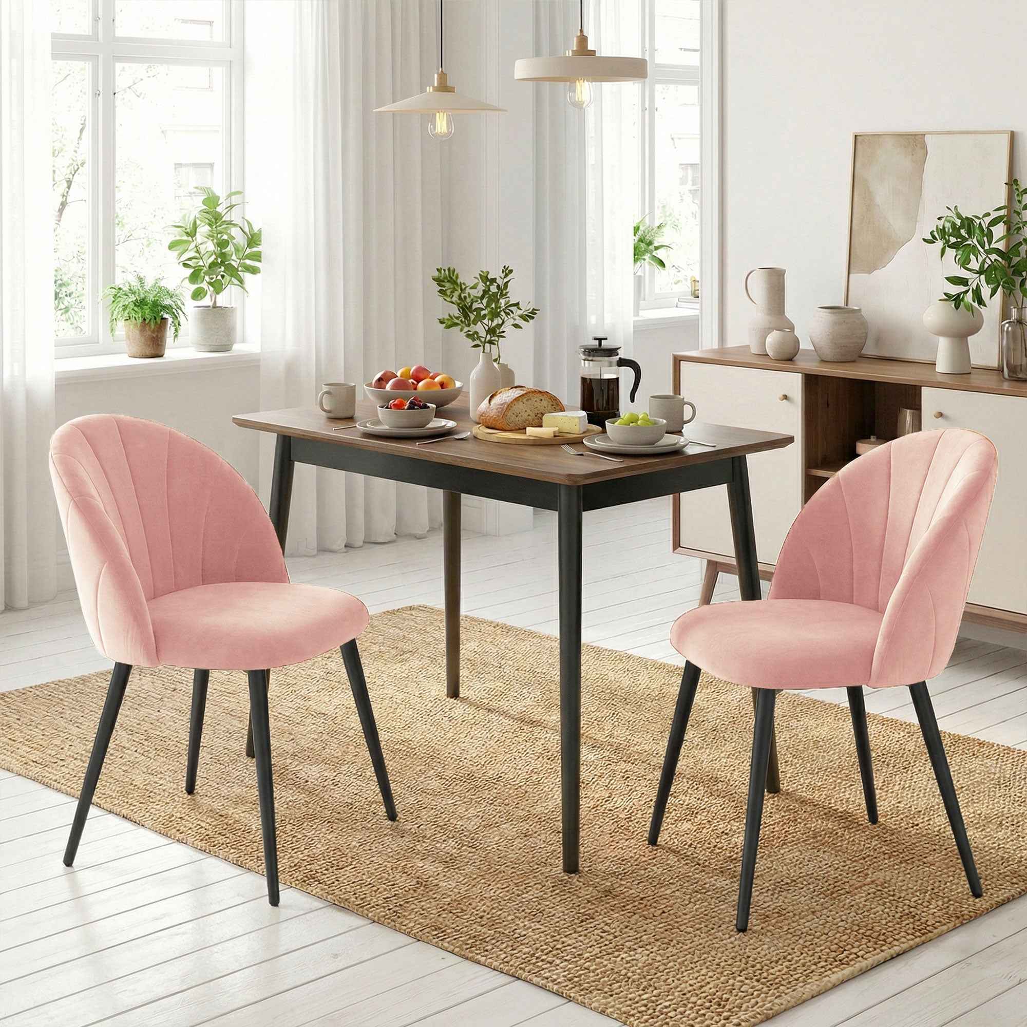 Set of 2 Velvet Shell-Back Dining Chairs, 52 x 55 x 79 cm, Pink