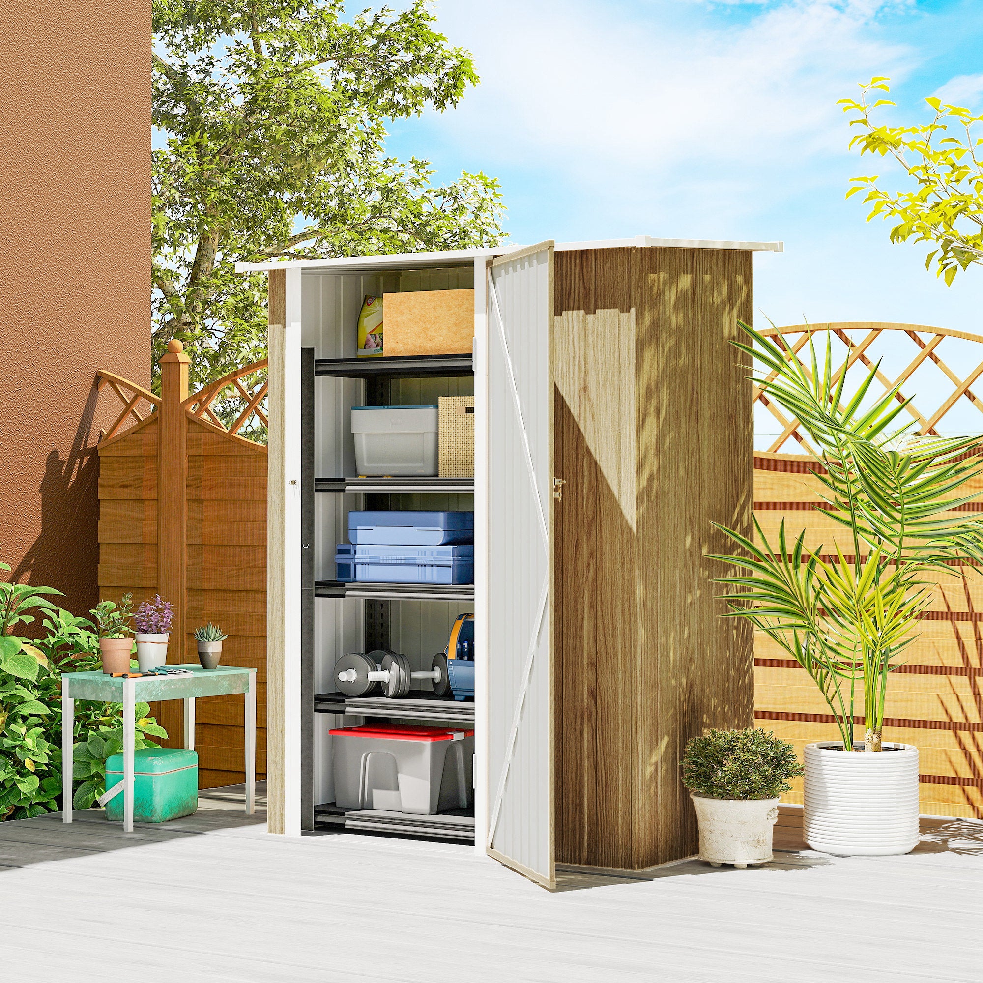 Outsunny Metal Tool Shed with Sloped Roof and Lockable Door, 142x86x189 cm, Wood Color
