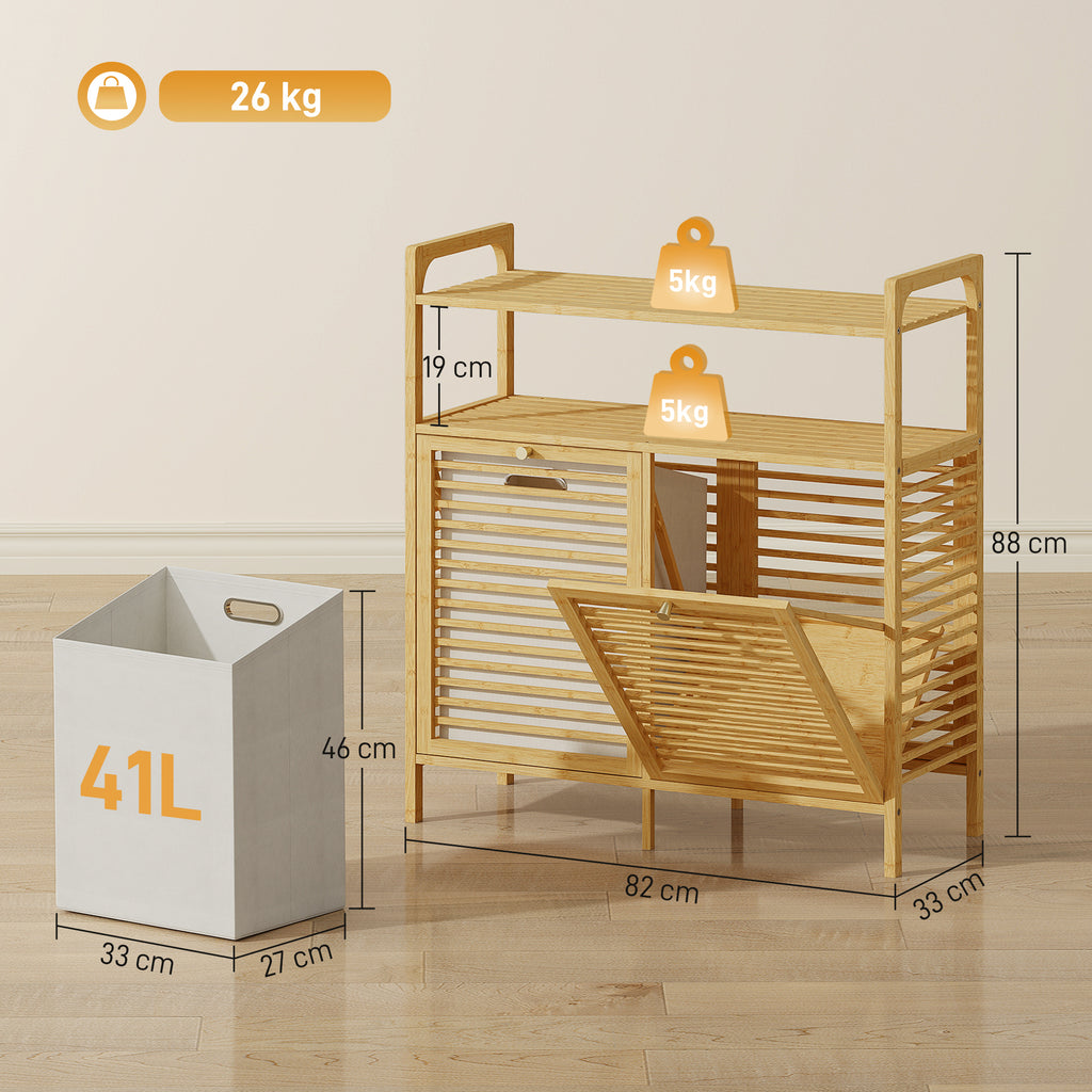 Bamboo and Polyester Laundry Hamper with 2 x 41L Baskets and 2 Shelves, 82 x 33 x 88 cm, Wood and Cream Color