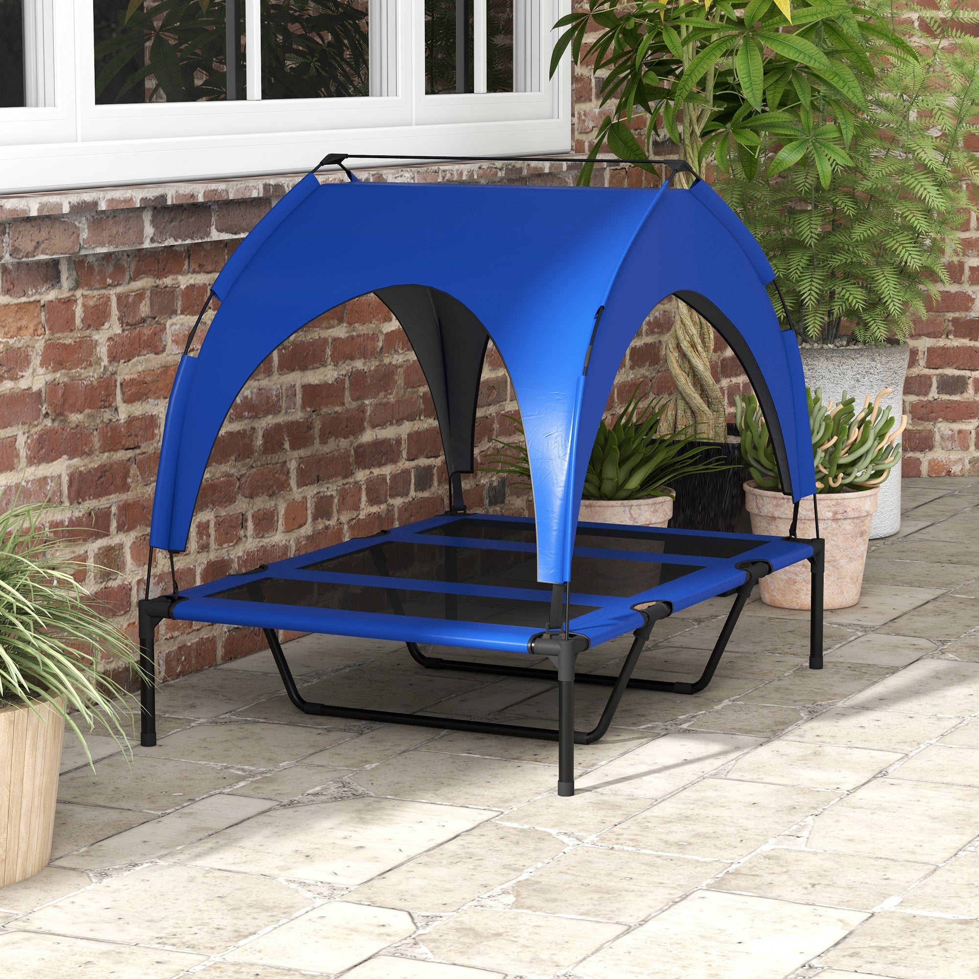 Large Dog Kennel with Protective Roof, in Steel and Polyester, 106x76x94 cm, Dark Blue - Borgè