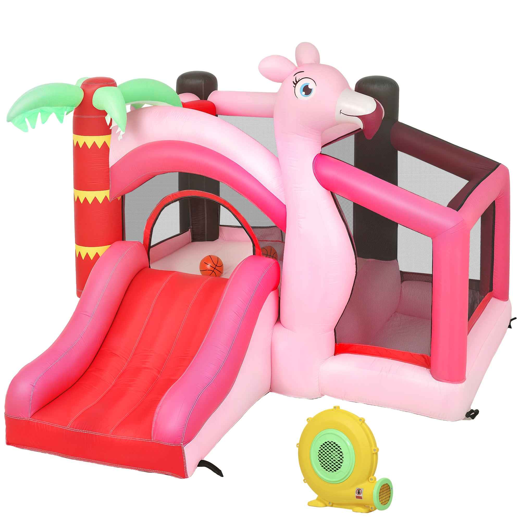 Inflatable Castle for Children with Slide, Trampoline, Ball Pit and Basketball Hoop, 255x230x196 cm, Pink