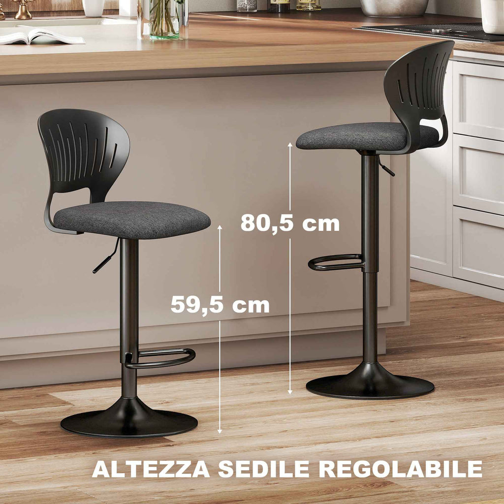 HOMCOM Set of 2 Breathable Linen-Effect Fabric and Metal Bar Stools with Footrest, 40.5x43x84-105 cm, Black