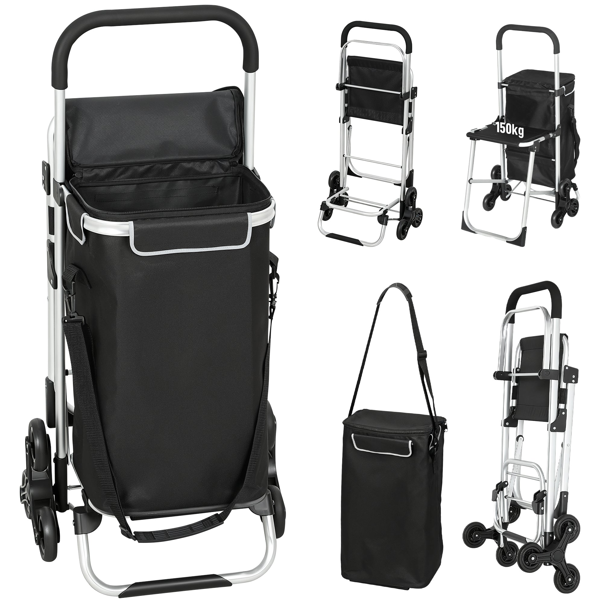 Aluminum Shopping Cart with 40L Waterproof Bag and Seat, 46x59.5x97 cm, Black and Silver
