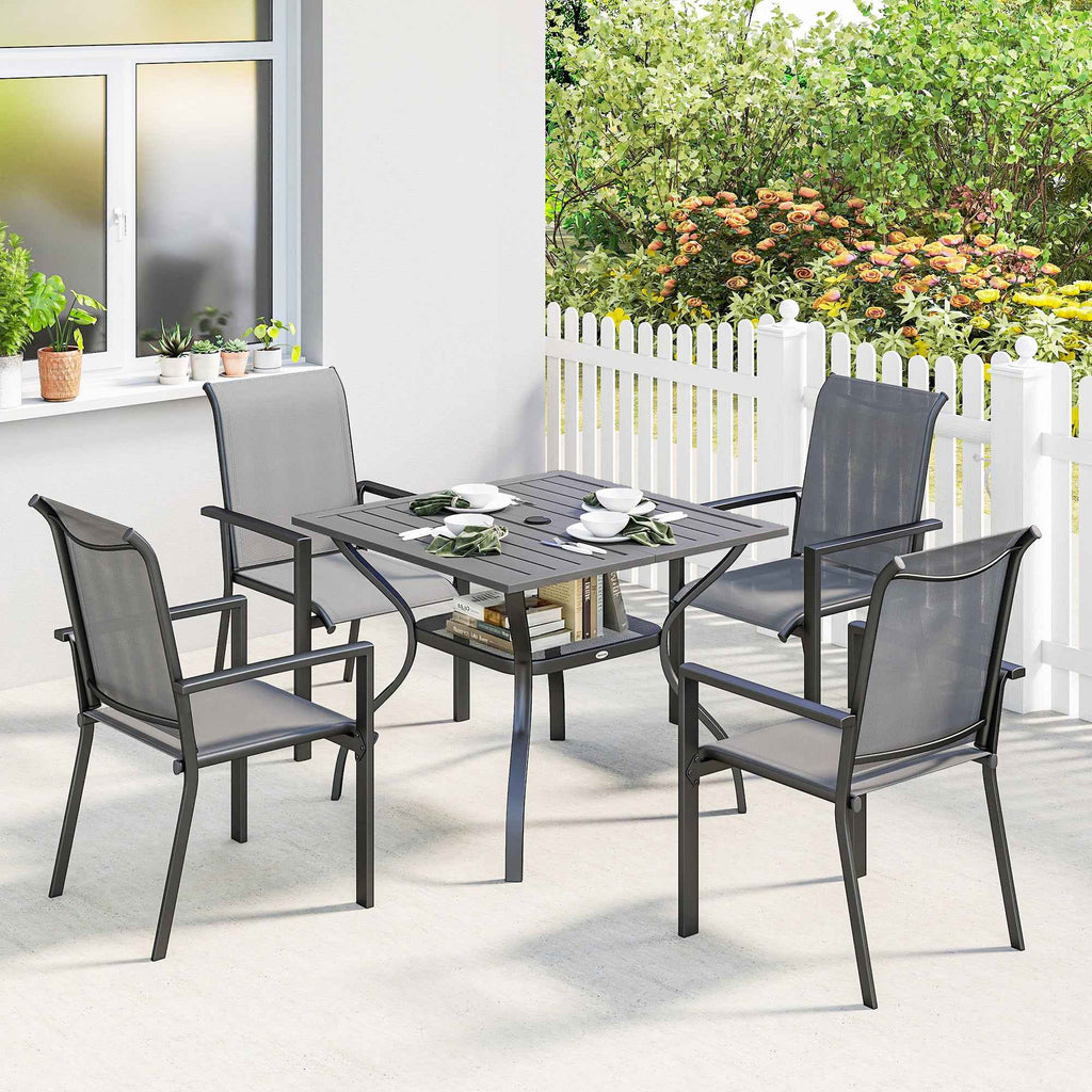 Outsunny 5-Piece Steel Garden Set with 4 Stackable Chairs and Table with Center Hole and Bottom Shelf, Grey