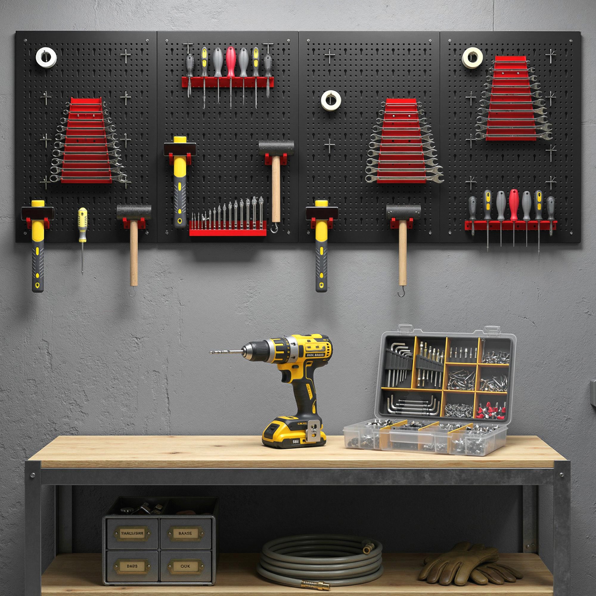 HOMCOM 4-Piece Steel Wall Mounted Tool Rack with 12 Brackets and 22 Hooks, Black and Red