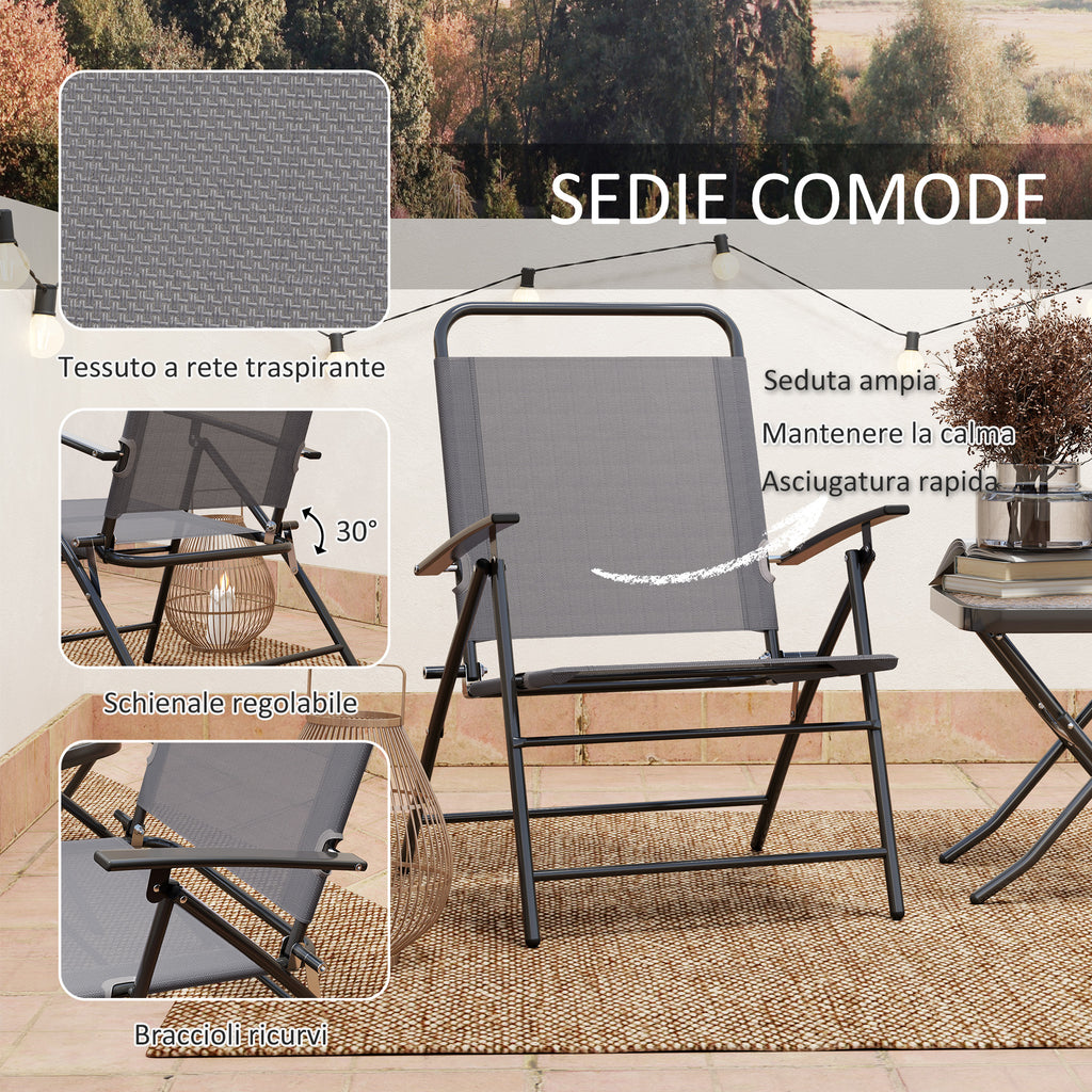 Garden Set with Glass Top Table and 2 Folding Chairs with Adjustable Backrest, Grey