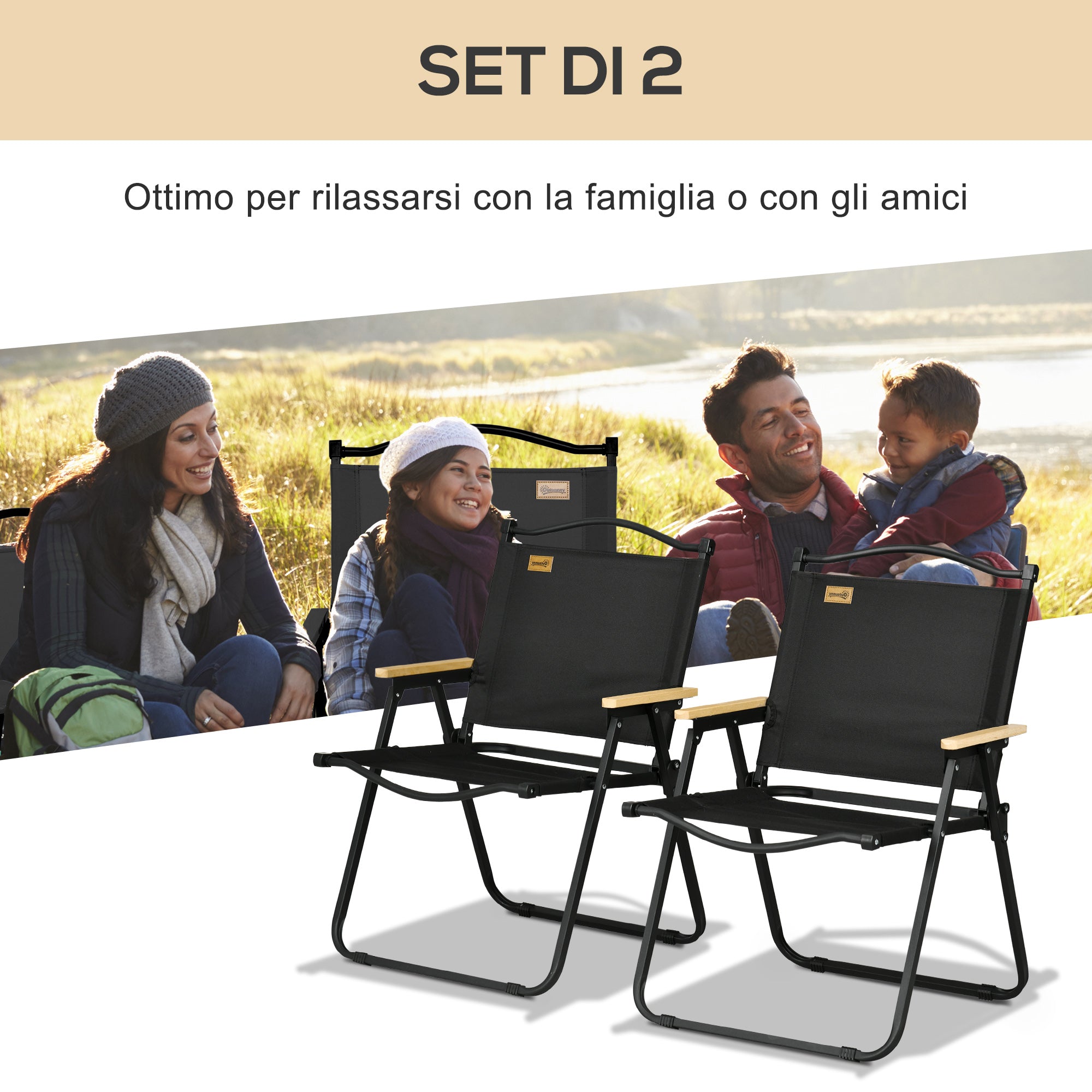 Set of 2 Folding Outdoor Chairs with Armrests in Oxford Fabric and Steel, Black