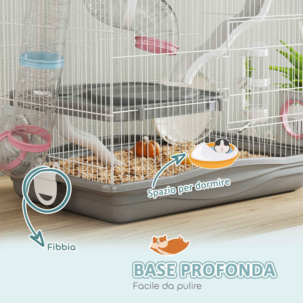 PawHut 3-Tier 14-Tube Hamster Cage with House, Ramp, and Accessories, Metal and Plastic, 45x30x45 cm, Grey
