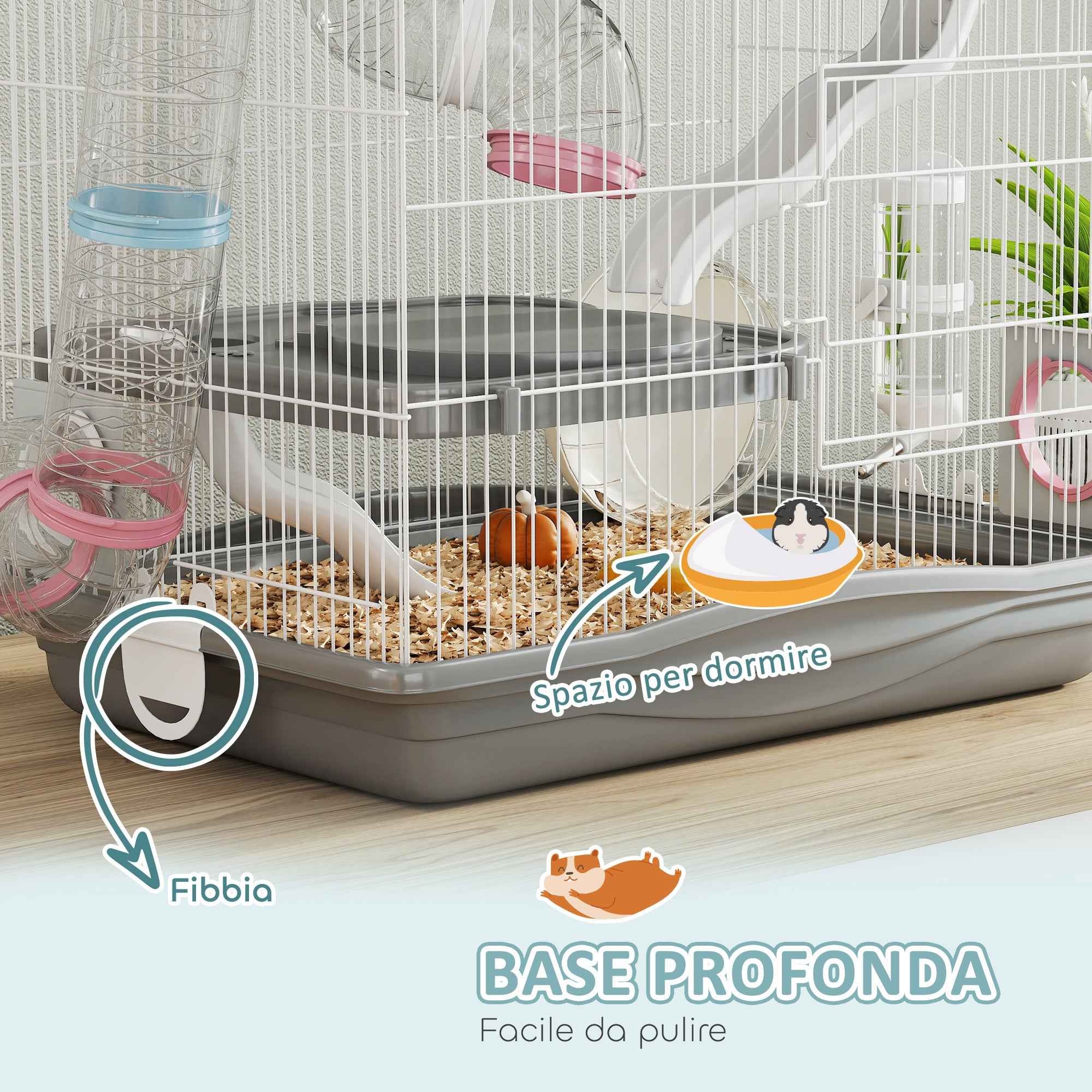 PawHut 3-Tier 14-Tube Hamster Cage with House, Ramp, and Accessories, Metal and Plastic, 45x30x45 cm, Grey