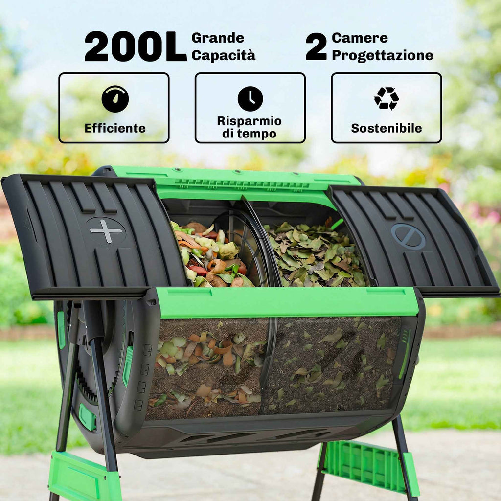 Outsunny 200L Double Chamber Home Composter with 8 Air Vents, PP and Metal, 94x67x98 cm, Green and Black