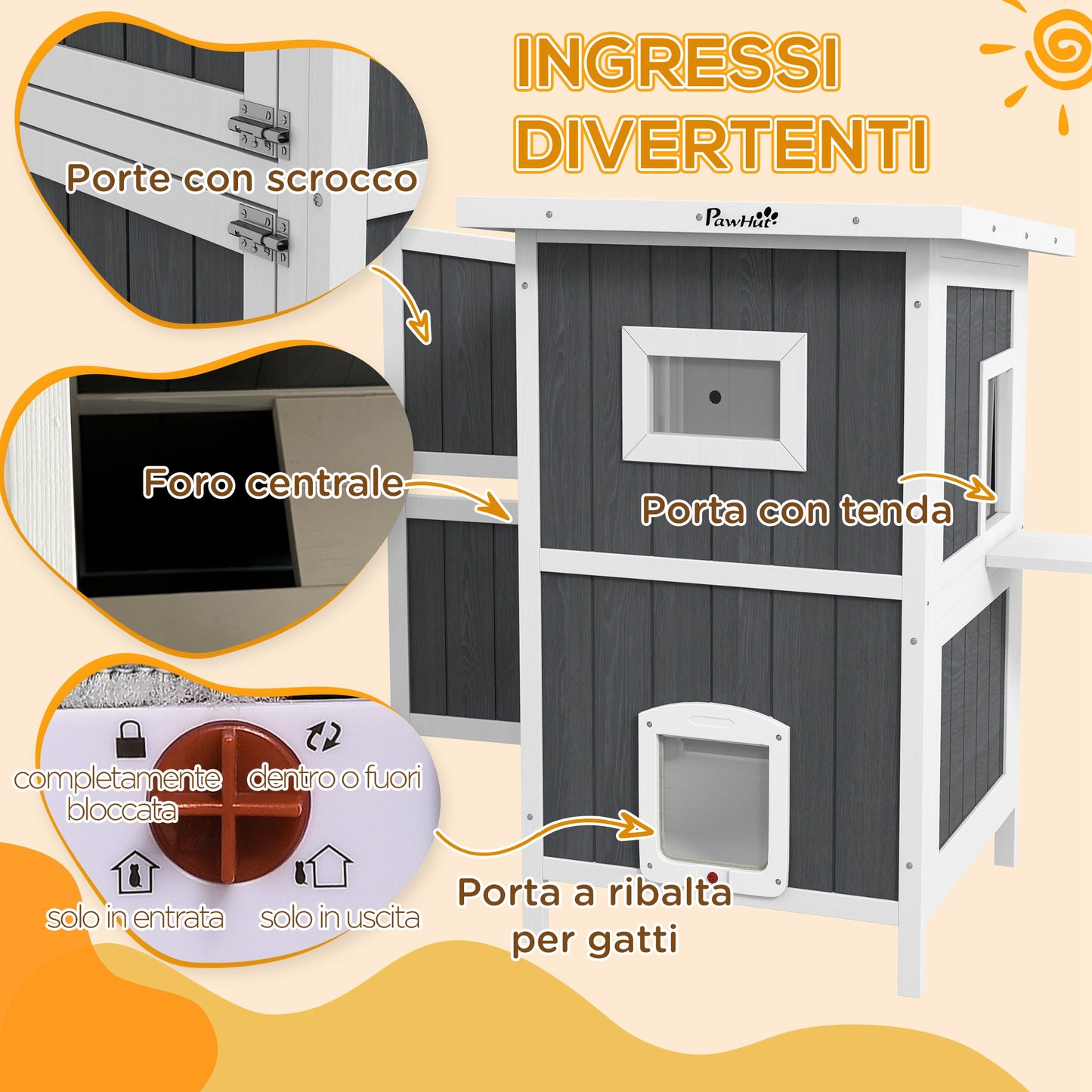 2-Tier Outdoor Wooden Cat Kennel with Asphalt Roof and 4 Doors, 60x60x90.5cm, Gray