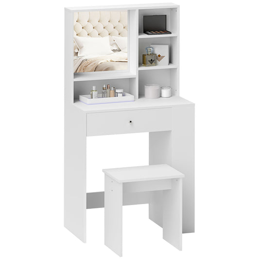 Makeup Vanity Set with Coffee Table and Stool, Mirror and Shelves in Wood, White