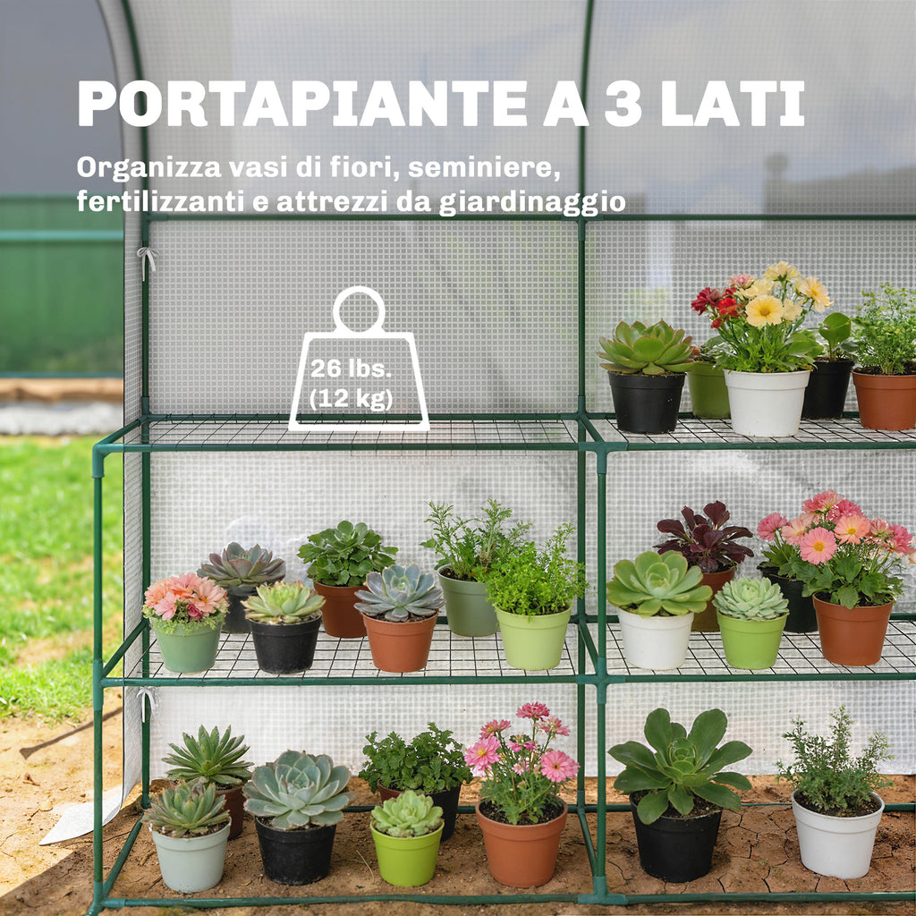 Outsunny Garden Greenhouse with 2-Tier Shelves and Roll-Up Door, Steel and PE, 123x187x189 cm, White