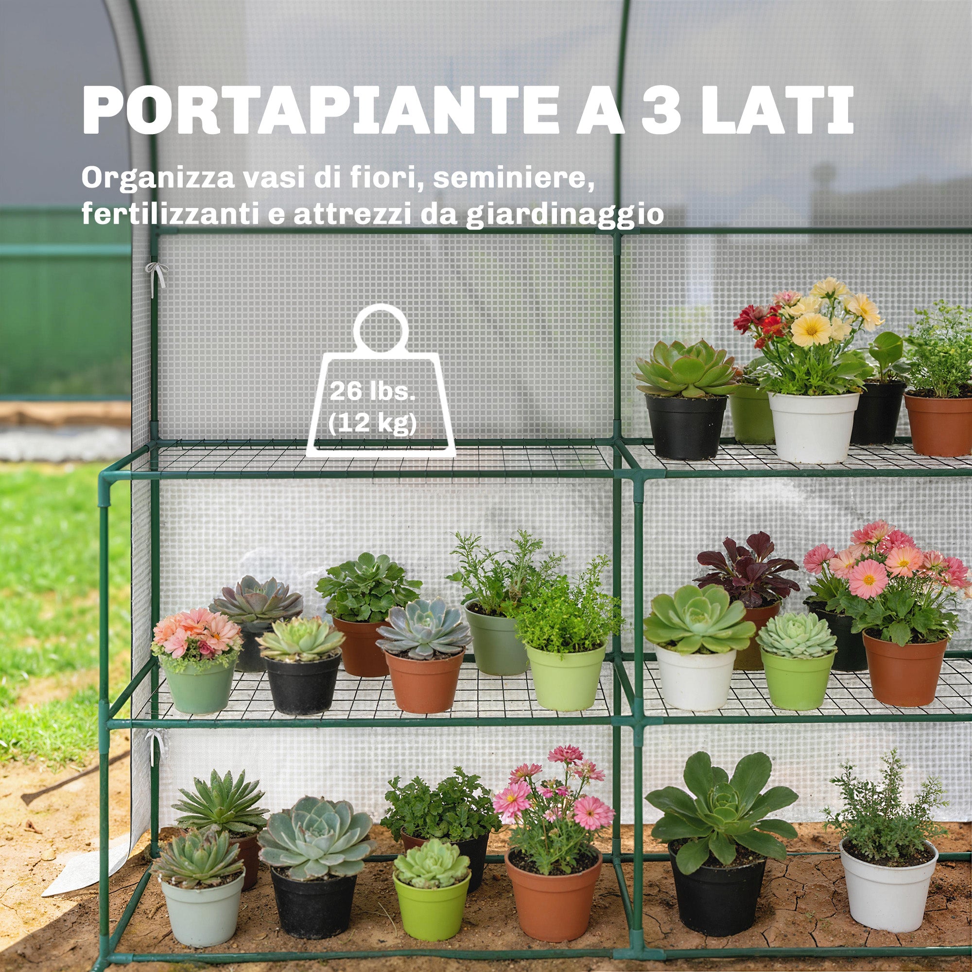 Outsunny Garden Greenhouse with 2-Tier Shelves and Roll-Up Door, Steel and PE, 123x187x189 cm, White