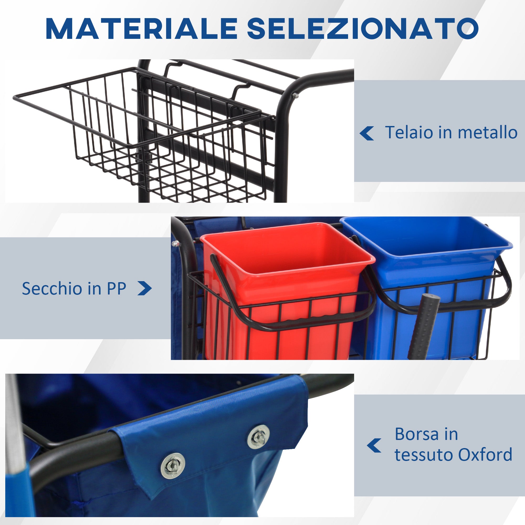 Cleaning Trolley with Garbage Bag, 4 Buckets and Mop Wringer, 93x80x97 cm, Red Blue and Black