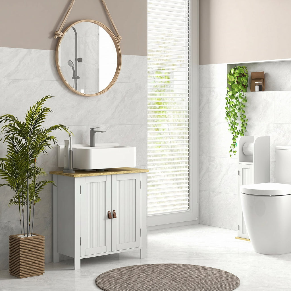 kleankin Bathroom Under Sink Cabinet, 2 Doors, Adjustable Shelf, 2 Storage Levels, PU Handles, 60 x 30 x 60 cm, White