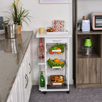 Space-Saving Kitchen Island Cart in Pine Wood, Food Cart with 4 Wheels, Drawer, 3 Pull-Out Baskets, Fruit Bowl, White