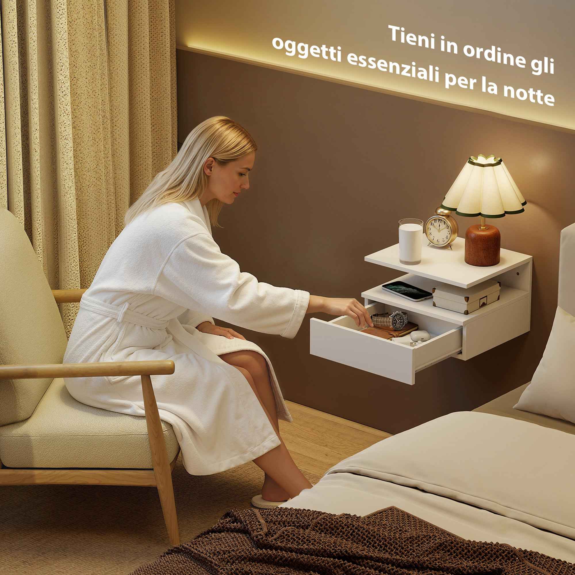 HOMCOM Set of 2 Floating Bedside Tables with Drawer and Open Shelf, 35x32x22.5 cm, White