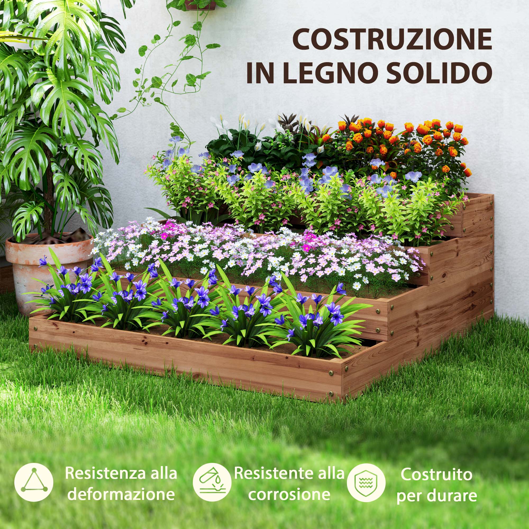 4-Level Raised Garden Bed in Fir Wood with Open Bottom, 113x113x46 cm, Brown