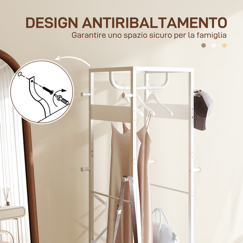 Floor Coat Hanger with Rod and 2 Open Shelves, in Wood and Steel, 38.5x30x170 cm, White and Wood Color