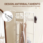 Floor Coat Hanger with Rod and 2 Open Shelves, in Wood and Steel, 38.5x30x170 cm, White and Wood Color