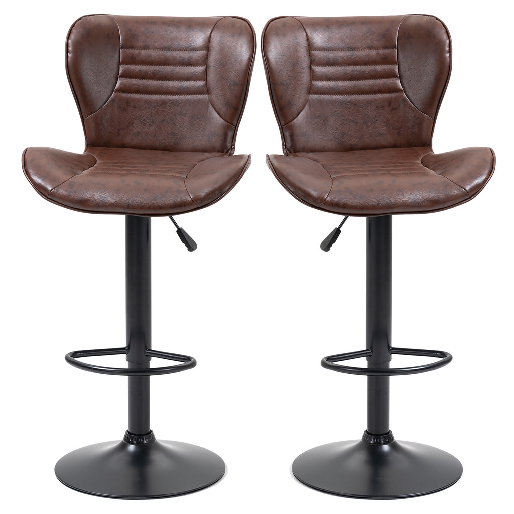 Set of 2 Faux Leather Bar Stools with Adjustable Height, Swivel Seat and Footrest, Brown
