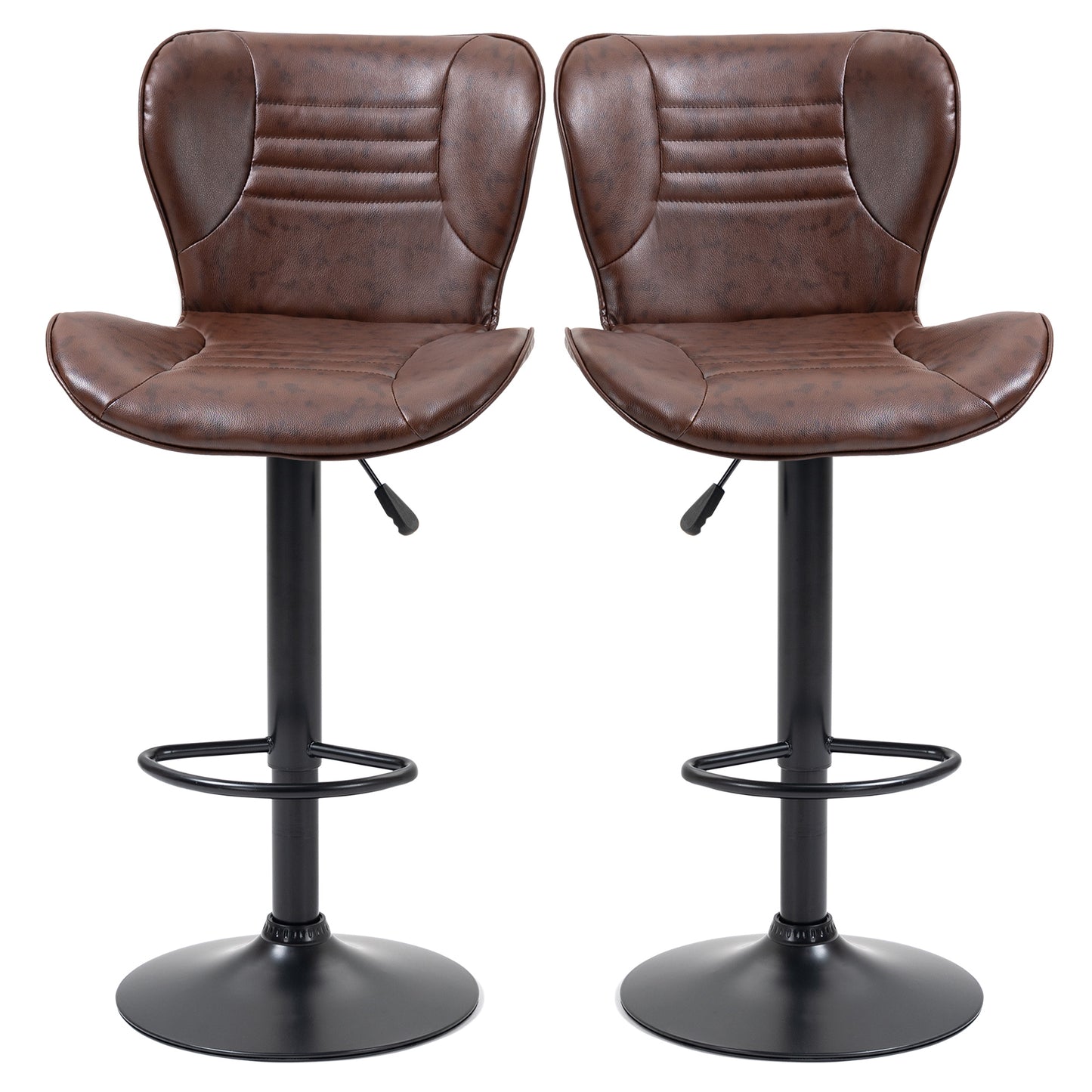 Set of 2 Faux Leather Bar Stools with Adjustable Height, Swivel Seat and Footrest, Brown