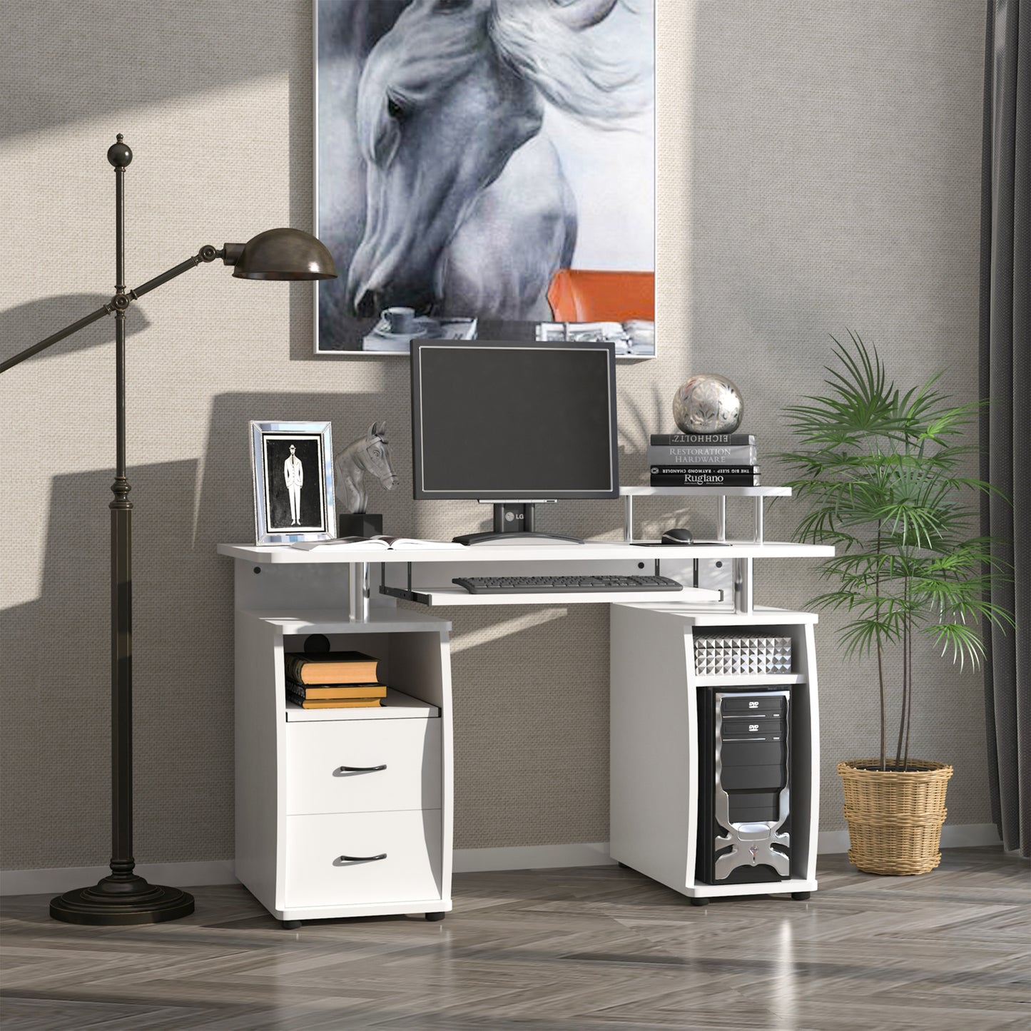 PC Desk with Keyboard and Monitor Shelf and 2 Drawers, 120x55x85 cm, White