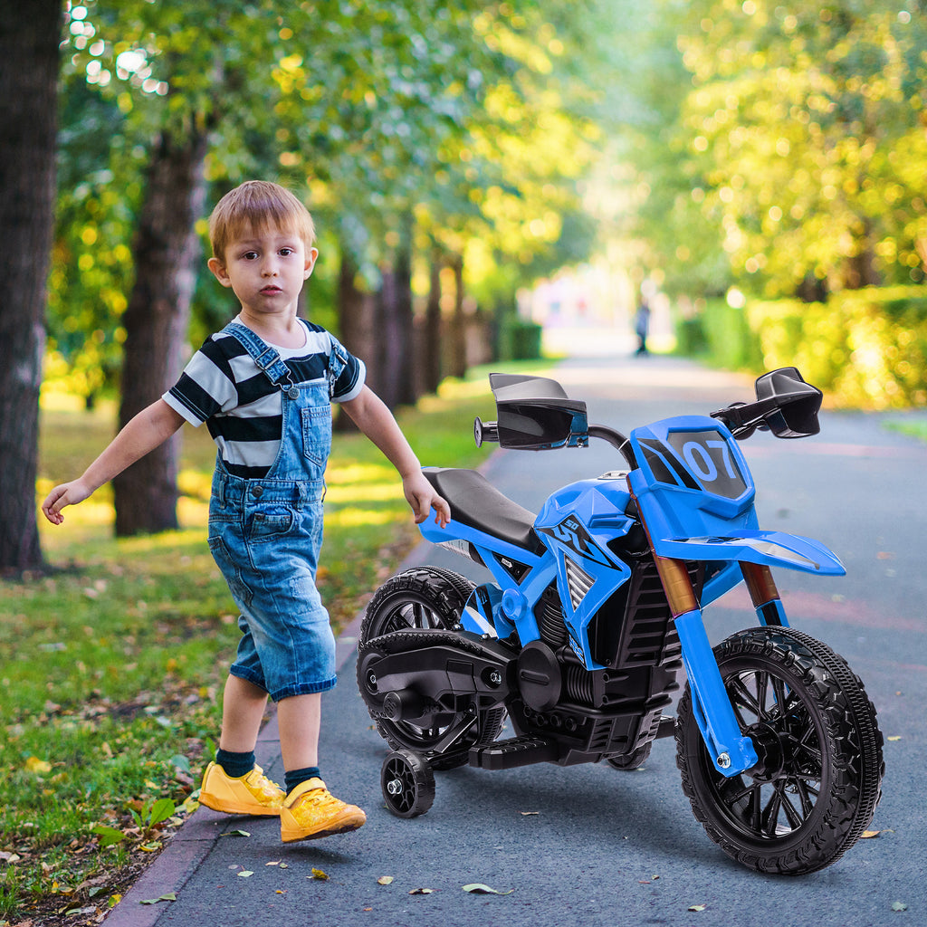 AIYAPLAY Electric Motorcycle for Kids Ages 3-8 with 12V Dual Motors, Training Wheels and Horn, 3 km/h, 30kg Capacity, Blue